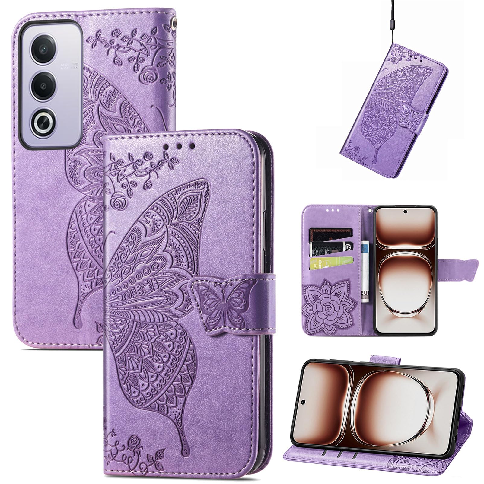 Custodia Portafoglio Per OPPO A80 5G Con Farfalle 3D | JIUNINE In Pelle PU E TPU Antiurto, Rosa Oro