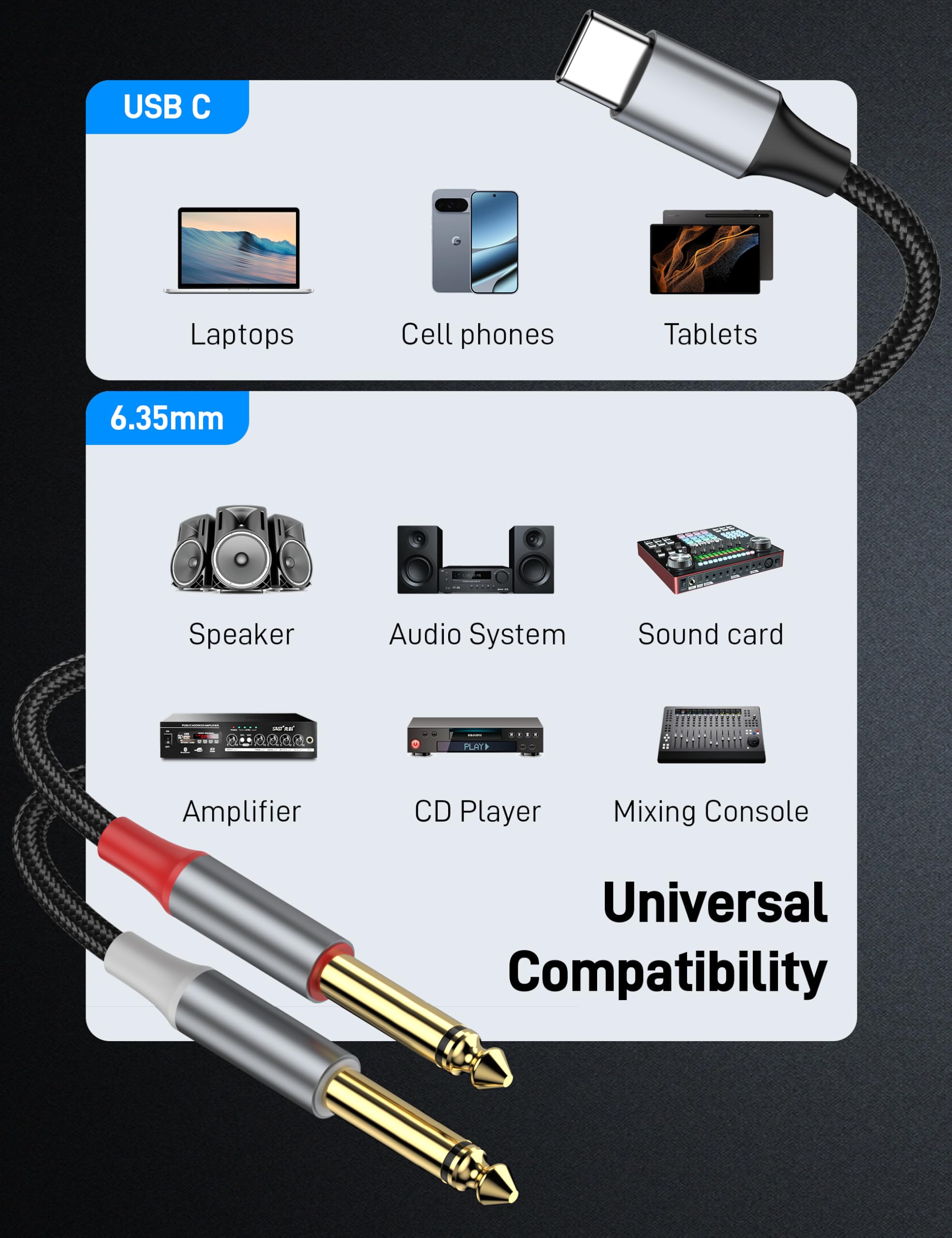 Cavo splitter da USB C a doppio 6,35 mm da 6,35 mm, cavo audio TS da USB tipo C a doppio TS da 6,35 mm per iPhone 17/17 Plus/17 Pro/17 Pro Max, tablet, laptop, amplificatore, mixer.
