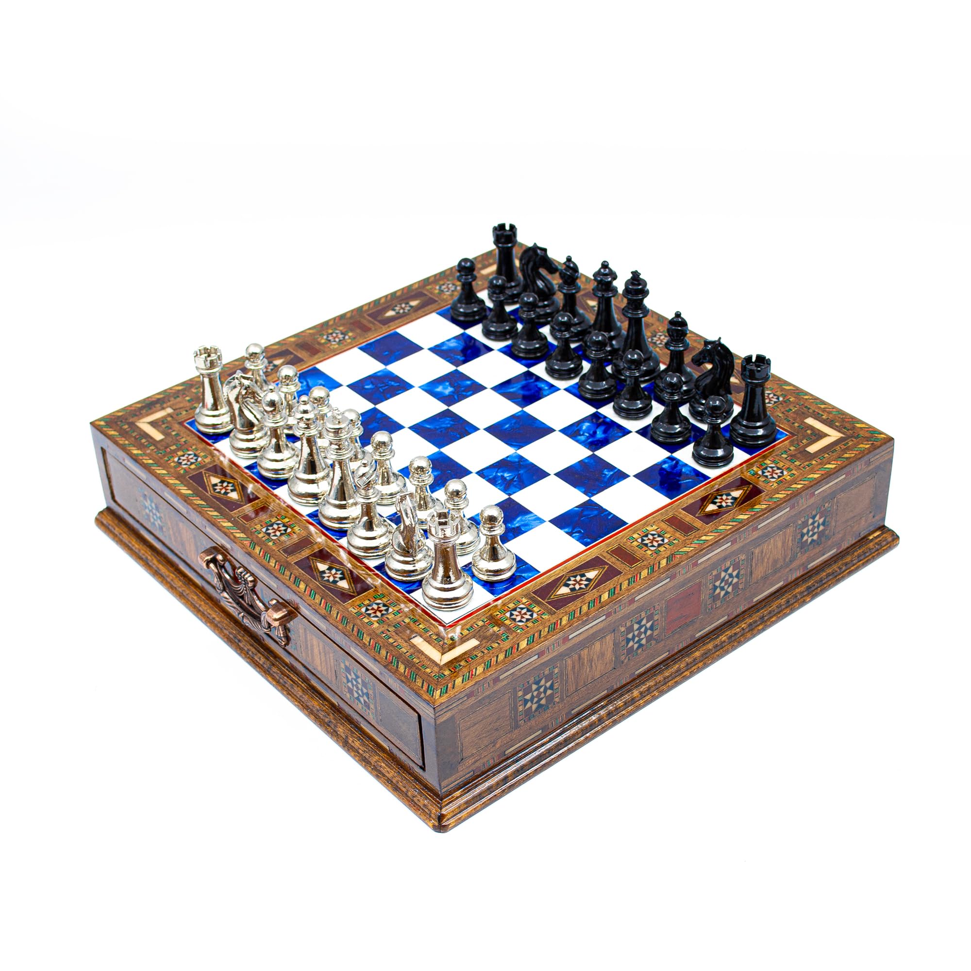 GrandGiftStore Handmade Chess Set With Storage, Luxury Chess Set, Stylish Wooden Black-Silver Chess Pieces, Adult Chess Set/Blue