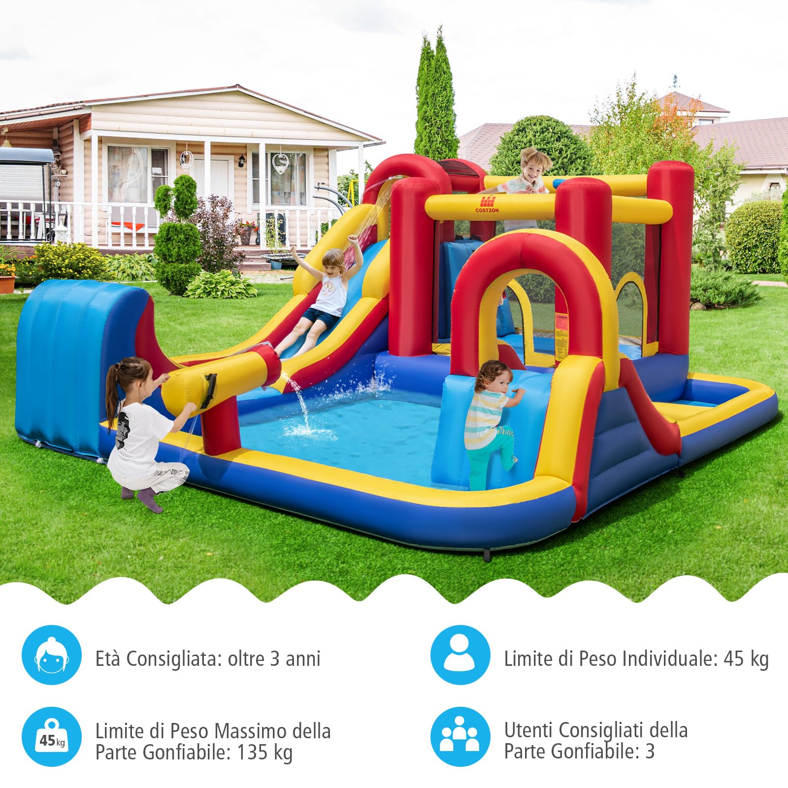 COSTWAY Castello Gonfiabile per Bambini, Parco Acquatico Gigante con Doppi Scivoli d'Acqua, 2 Piscine, Area Salto, Canestro e Parete da Arrampicata, 450 x 392 x 216 cm