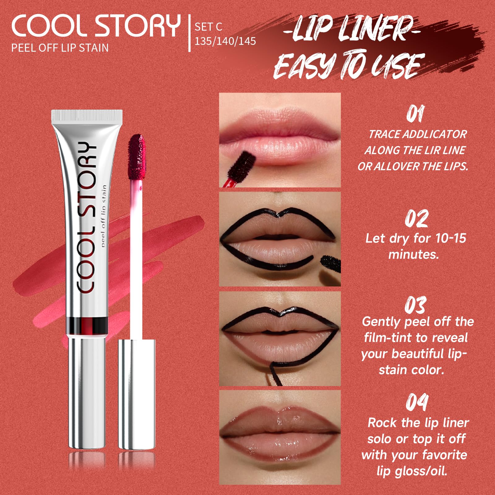 3PCS Peel Off Lip Stain Lip Tint Set, Matte Lipstick & Lip Liner, Waterproof Long Lasting Peel Off Lip Gloss - Image 4
