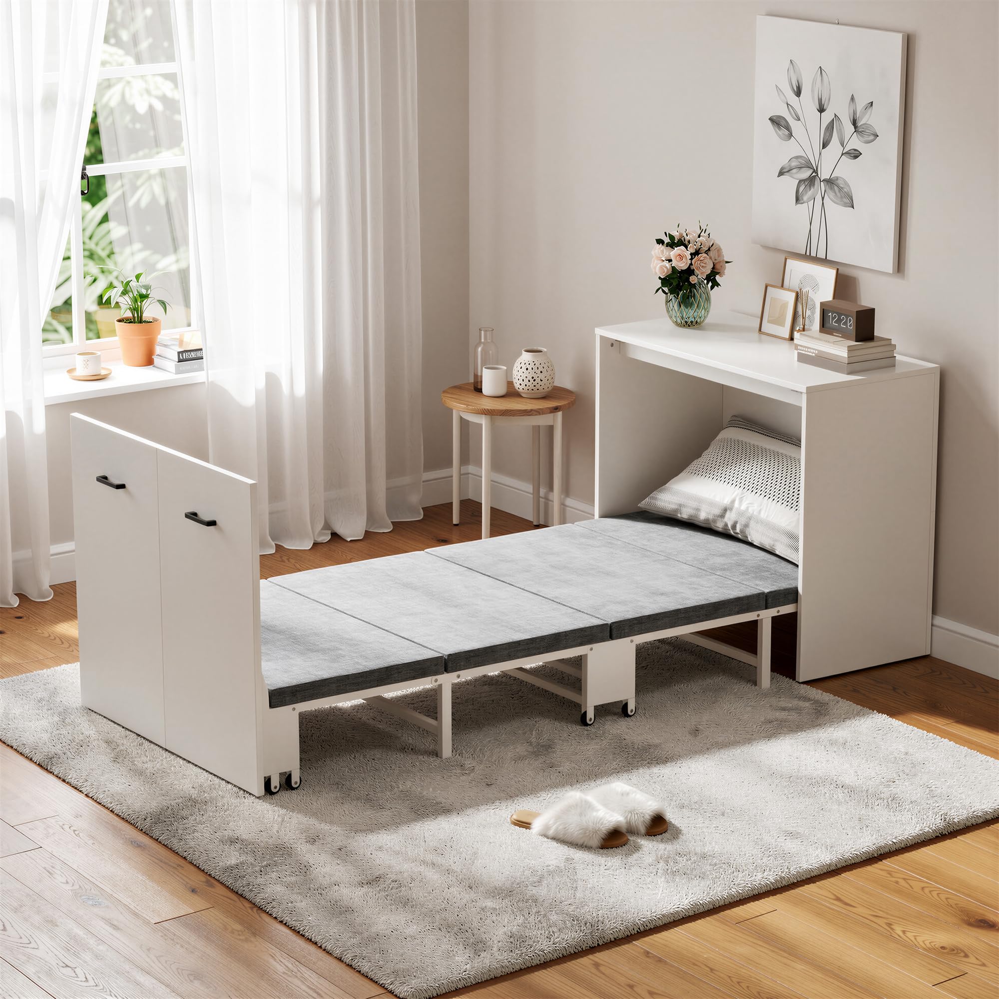 MSFE Lit Armoire 1 Personne,Armoire Verticale Matelas Inclus,Lit d’Appoint Pliant et Portable Multifonction 2 en 1,Gain de Place,Capacité de Charge Allant Jusqu'à 650 Livres,Lit d'armoire, 85x190 cm