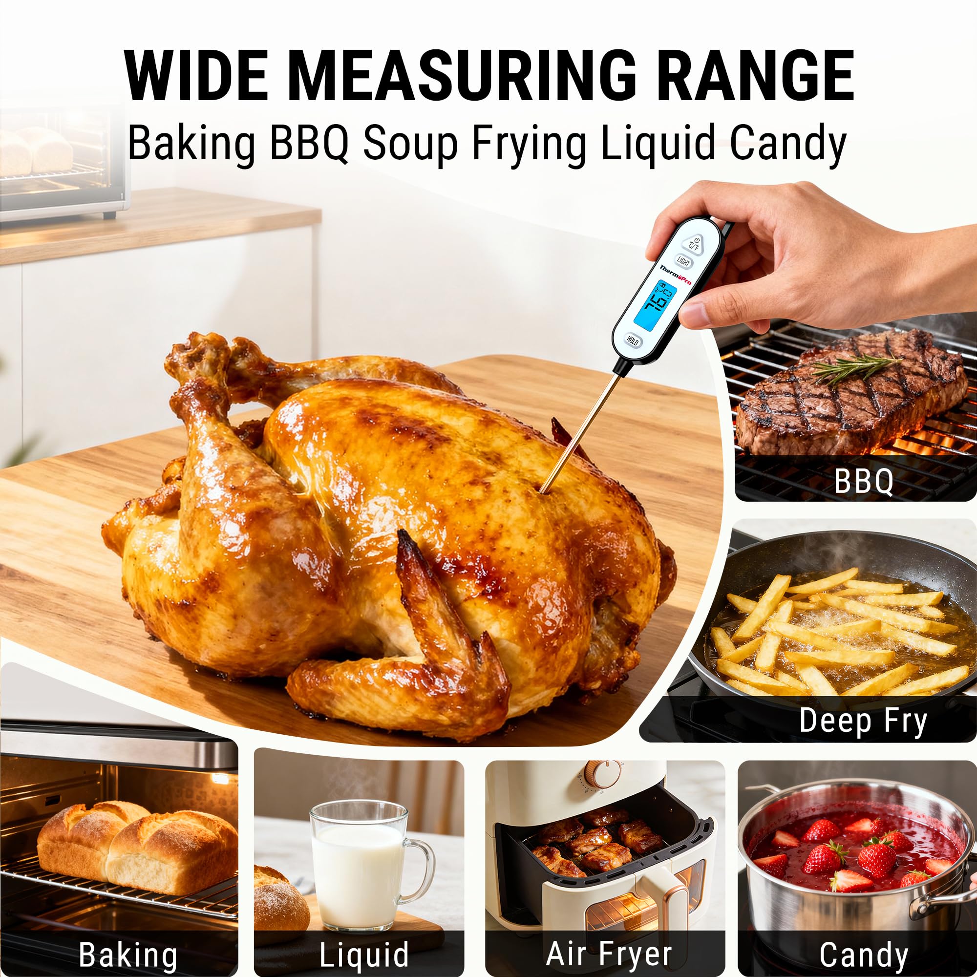 ThermoPro Thermomètre à viande numérique avec sonde pliable - Thermomètre de cuisson pour fumoir, barbecue
