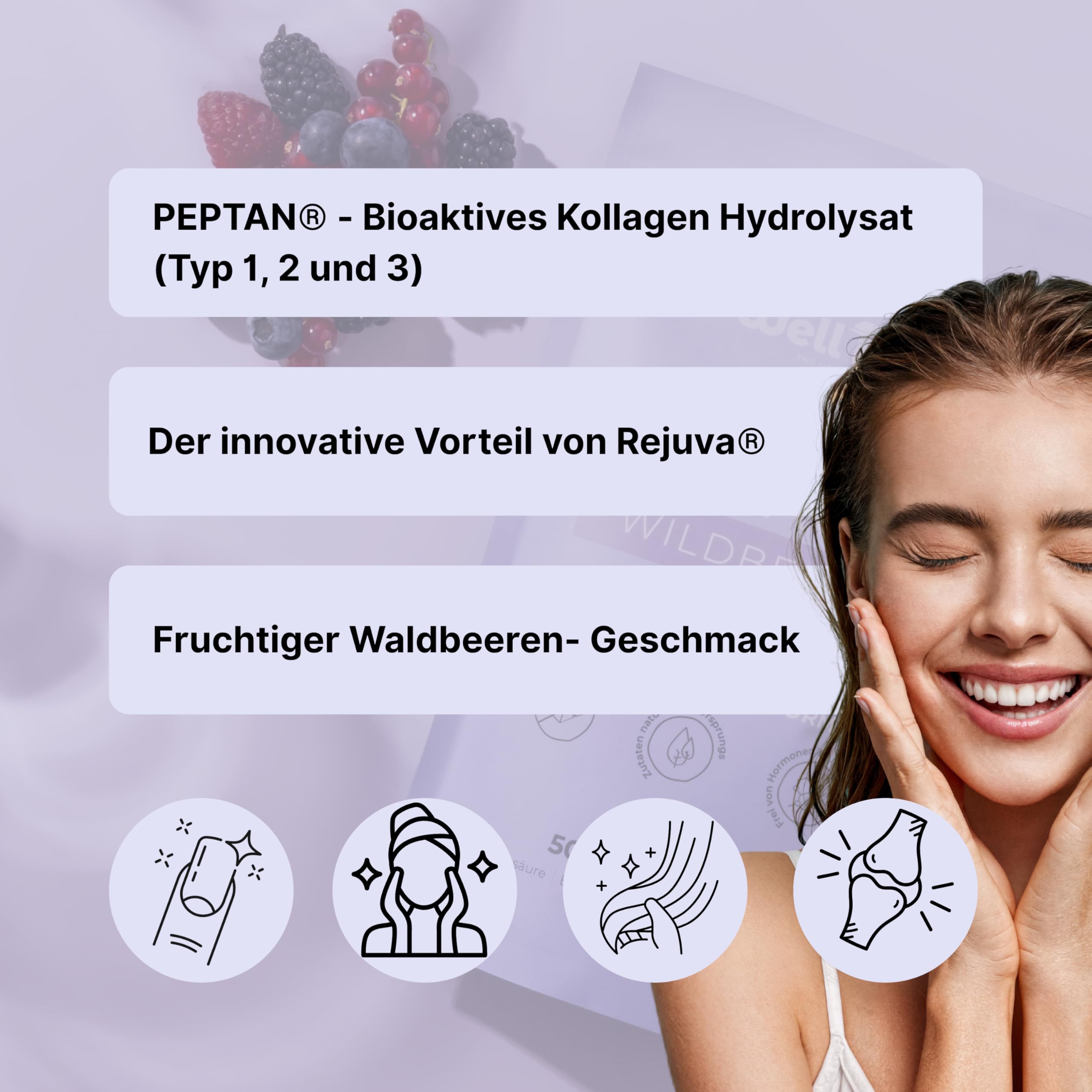 Wellbe Kollagen Pulver Wildberry - hochdosiert mit maximal bioaktivem Kollagen Hydrolysat, Biotin, Zink, Vitamin C & Hyaluron - Collagen Pulver - Kollagenpulver Peptide Made in Germany