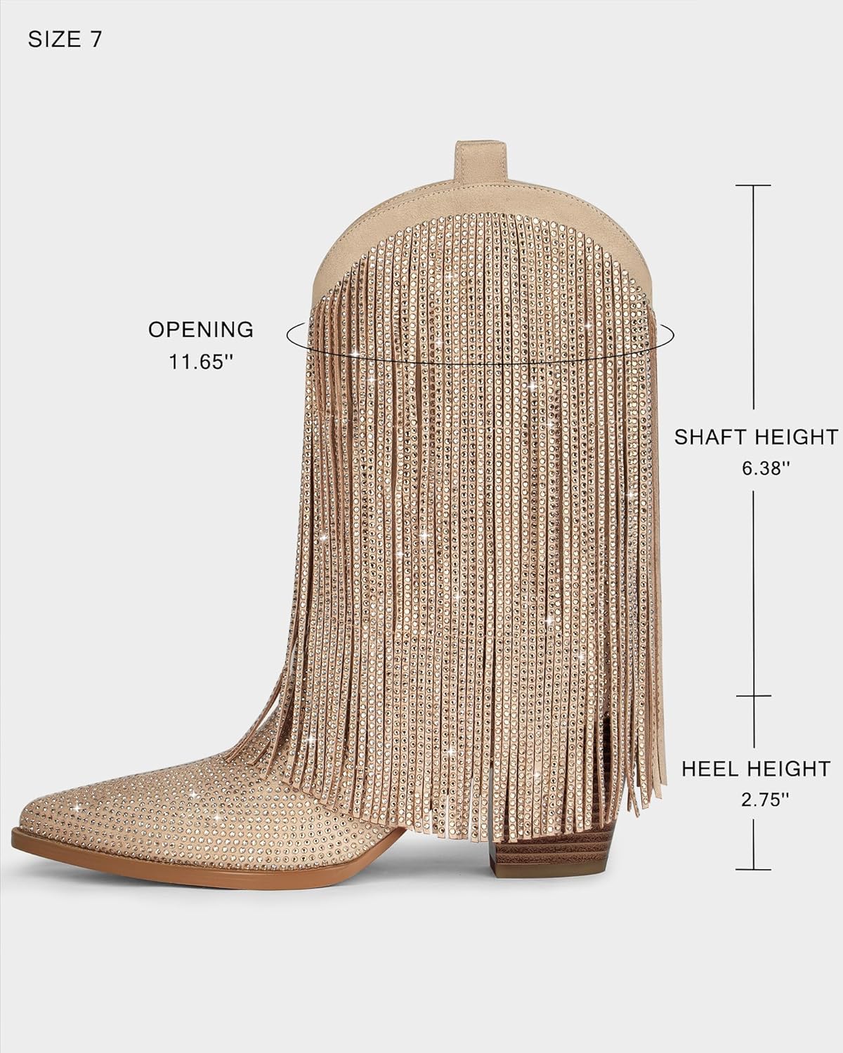 Ouepiano Cowboy Boots for Women - Cowgirl Rhinestone Boots with Sparkly Fringe Pointed Toe Western Boot Chunky Heel Pull-On Wide Calf Botas Vaqueras - Image 5