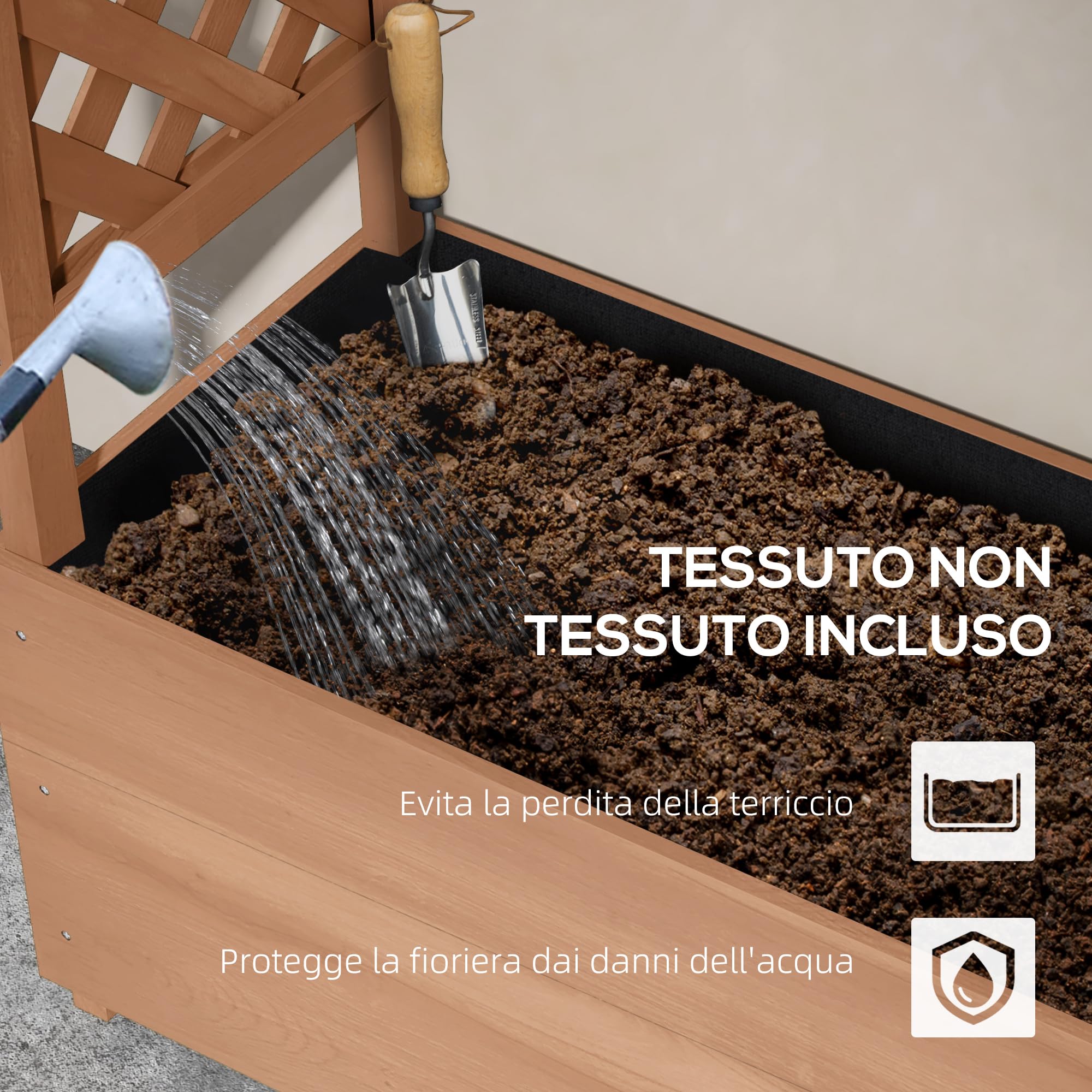 Outsunny Fioriera con Grigliato e Tettuccio in Legno di Abete, Fioriera da Esterno con Fori di Drenaggio, 112x41x180 cm, Marrone