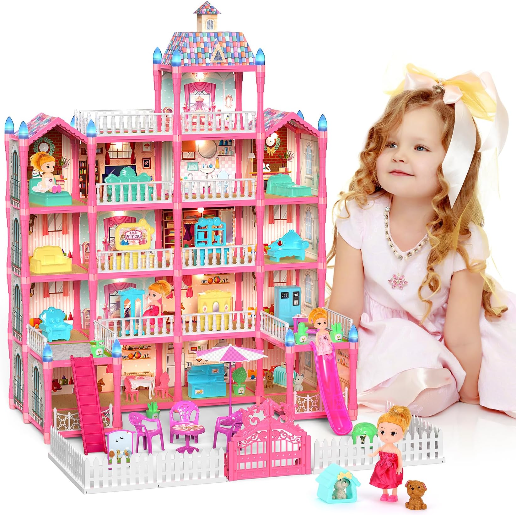 Dolls House for Girls, Mastom Dolls Huge Houses with 4 Dolls Toy Figures, Furniture and Accessories, LED Light, 5 Stories 19 Rooms Plays House Toy Gifts for Girls Ages 3 4 5 6 7 8+