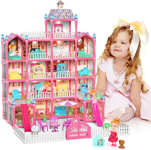 Casa de muñecas, casa de muñecas de ensueño para niñas, casas de muñecas enormes de Mastom con 4 muñecas, figuras de juguete, muebles y accesorios,
