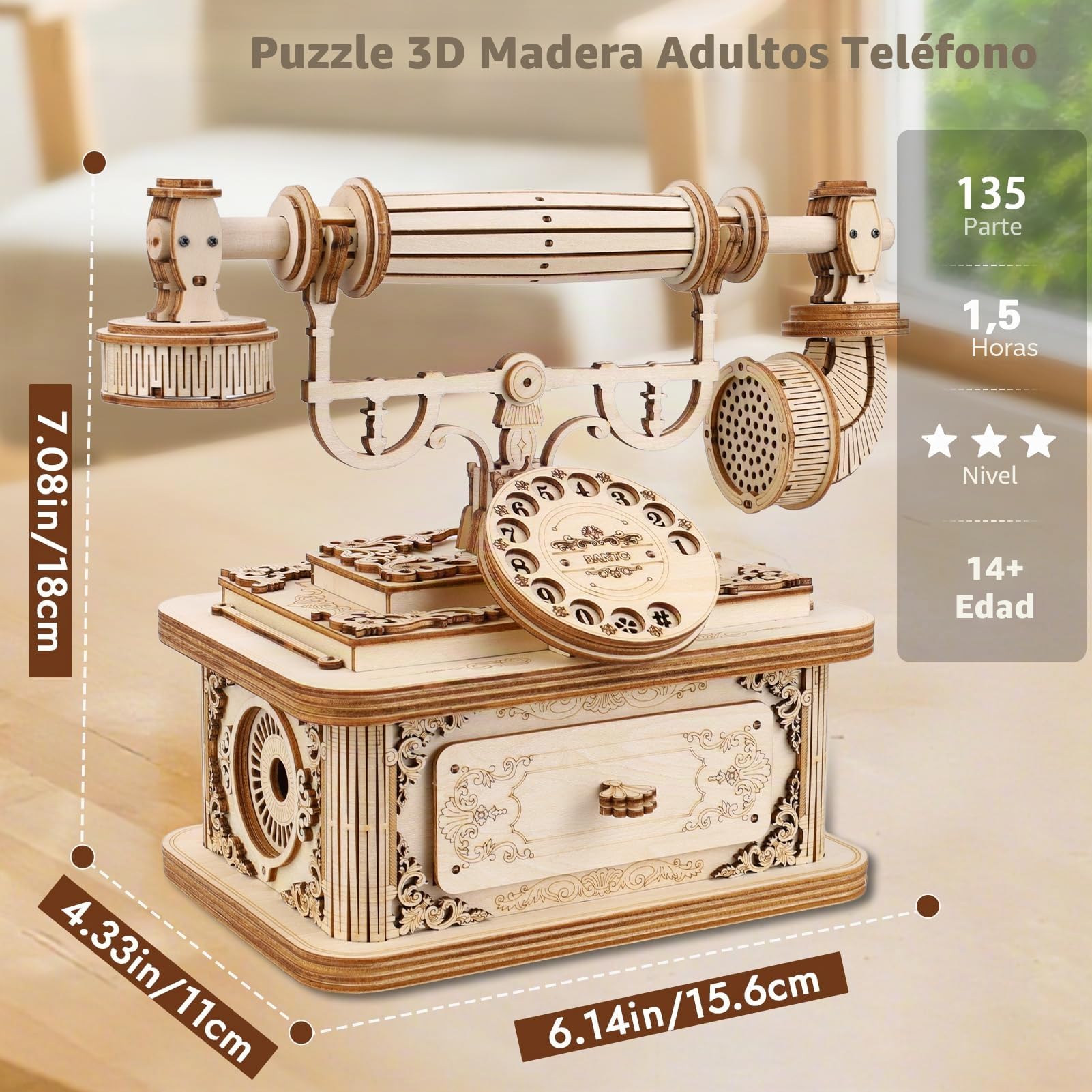 Puzzle 3D Madera Adultos - Teléfono Antiguo Maquetas para Construir Adultos - Puzzle 3D Madera Manualidades Maquetas para Montar Regalo de Cumpleaños y Navidad
