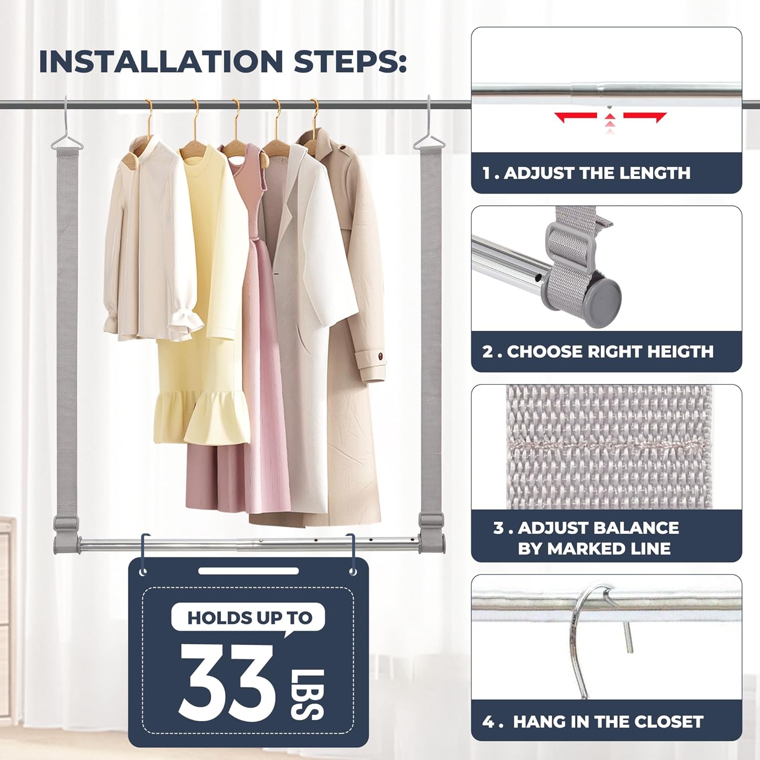 STO STO Closet Hanging Rod, Length and Height Adjustable Closet Rod, Space-saving Closet Extender Hanging Bar for Hanging Clothes, Webbing