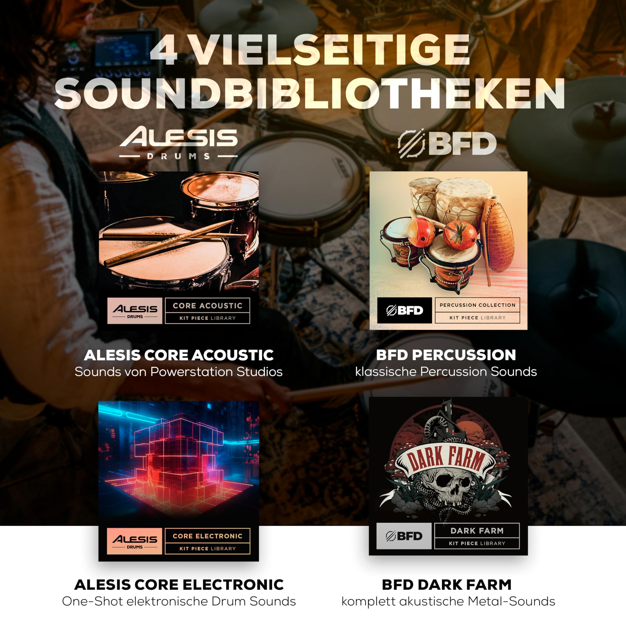 Alesis Strata Core E Schlagzeug mit Touchscreen, Triple Zone Becken, Active Magnetic Hi-Hat, Dual Zone Mesh Heads, 8" Kick, 144K Multikanal-Samples
