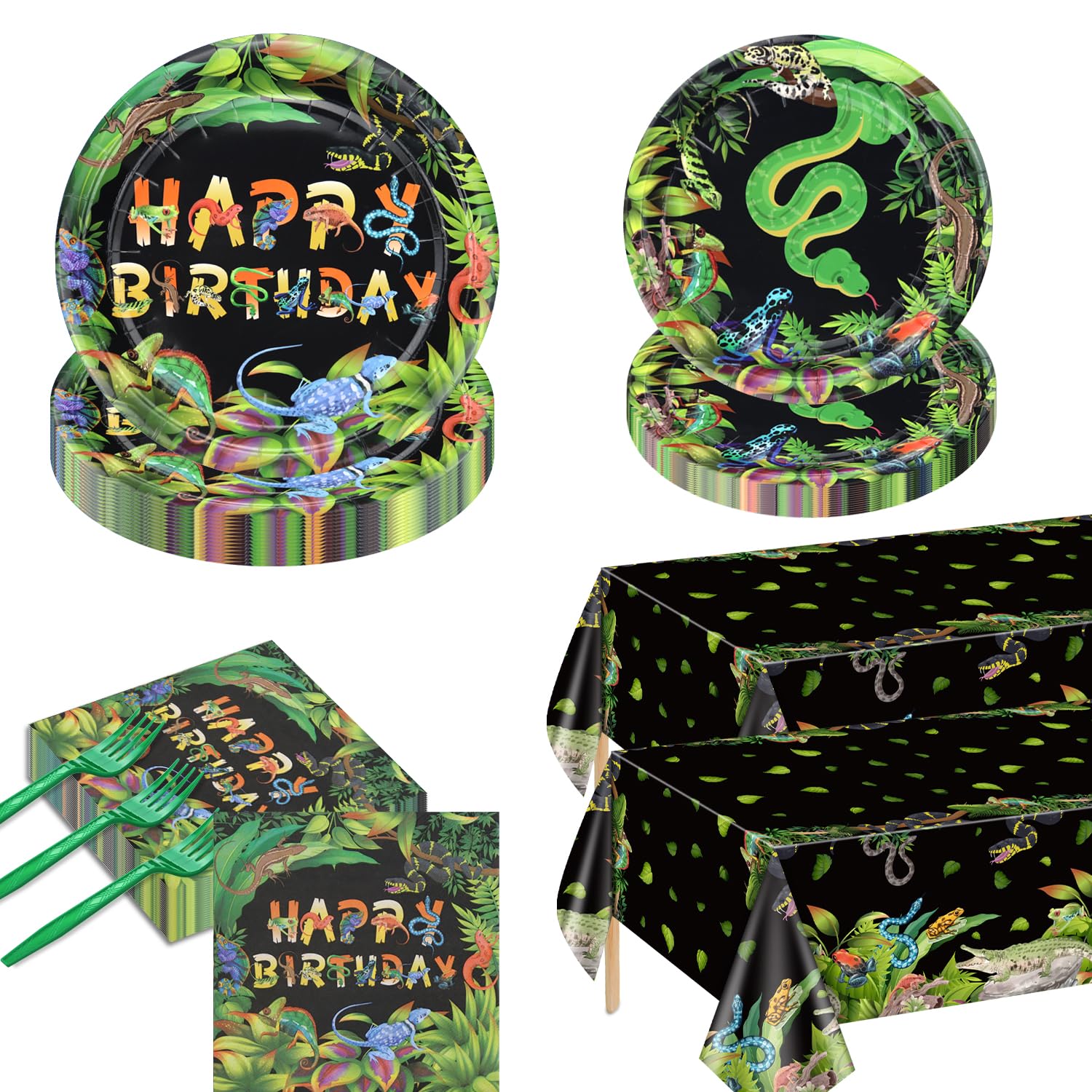 162Pcs Reptile Party Decorations Plates - Including Reptile Birthday Decorations Plates Napkins Wildlife Tablecloth for Jungle Safari Lizard Swamp