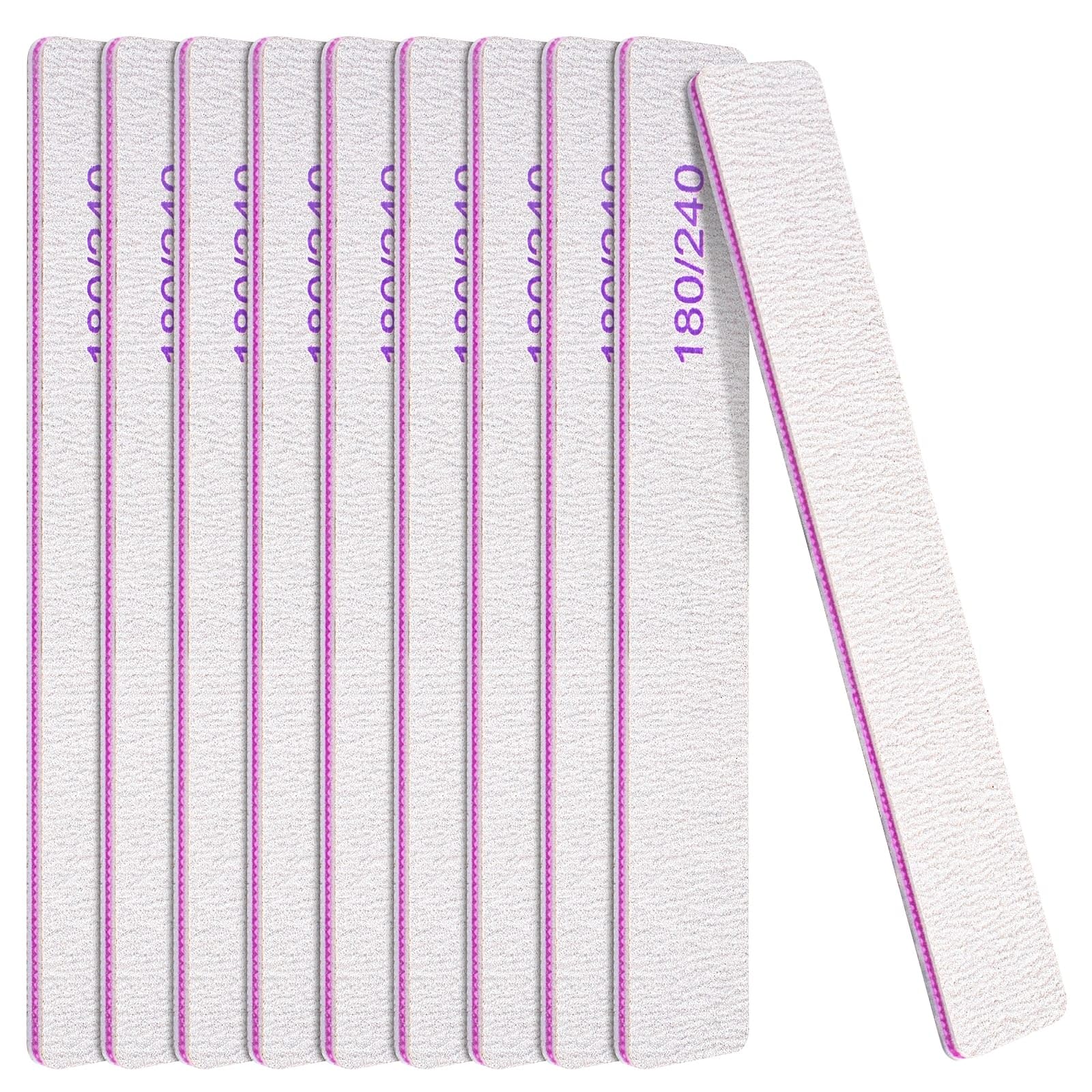 RolybagRectangle Nail File 180/240 Grit, 10PCS Doubled Sides Nail File for Natural Nails and Gel Nails Rectangle Reusable Emery Boards Washable Professional Nail File Manicure Tools