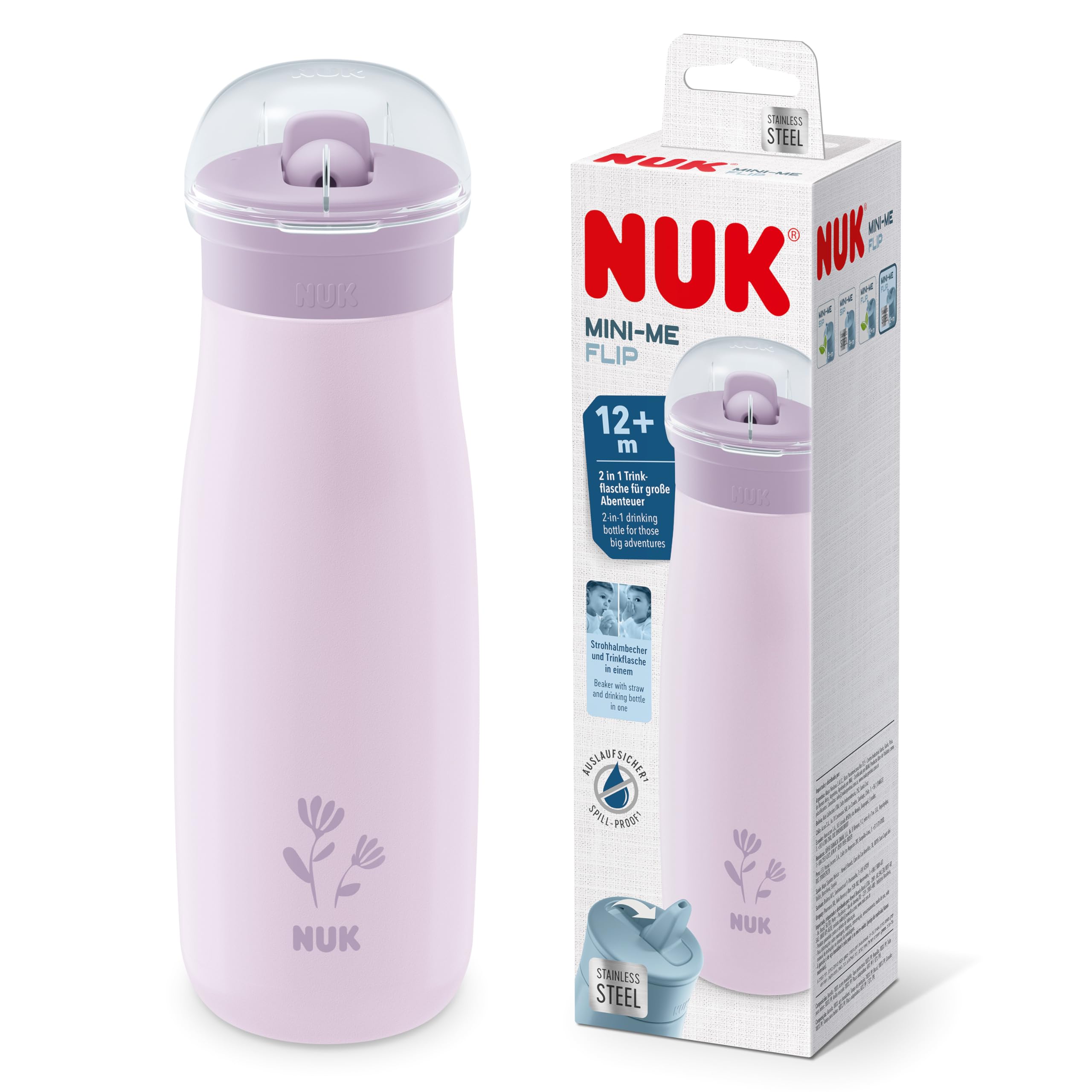 NUK Mini-Me Flip mit Strohhalm für Kleinkinder | ab 12 Monate | 500 ml | Edelstahl-Wasserflasche für Kinder | auslaufsichere stabile Trinköffnung | bruchsicher | lila Blume