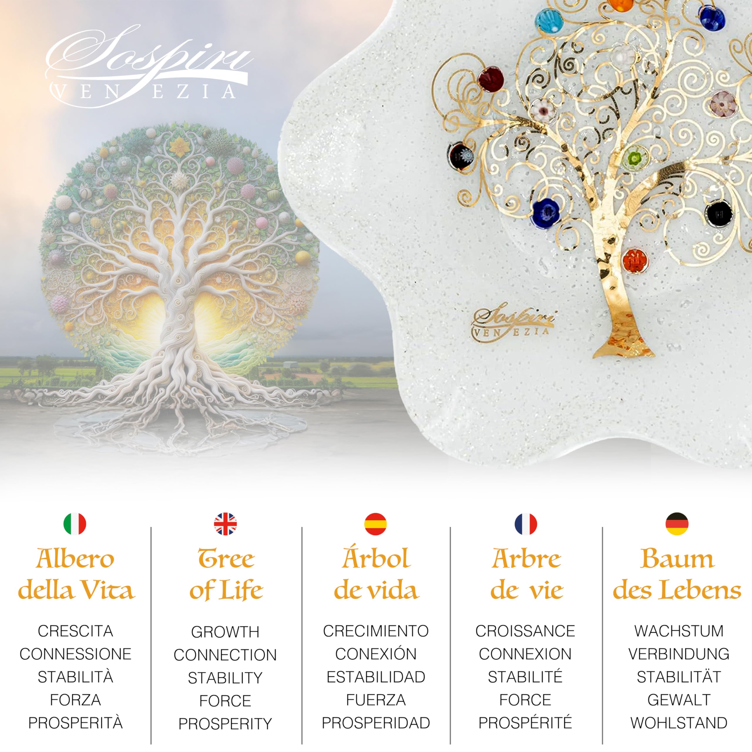 Sospiri Venezia Bandeja de Tocador de Vidrio de Murano Hecha a Mano, Cuenco Decorativo Árbol de la Vida con Murrinas y Hoja de Oro, Idea de Regalo, Hecha a Mano en Italia (13x13 cm)