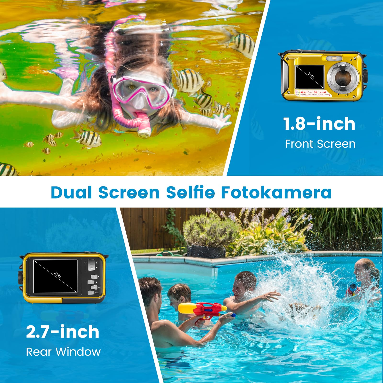 Camara Acuatica, 10 pies 1080P Full HD 2.7K 48MP Camara Sumergibles 16X Digital Zoom Cámara Impermeable Digital con Pantalla Dual para Selfie Bajo el Agua Natación Buceo