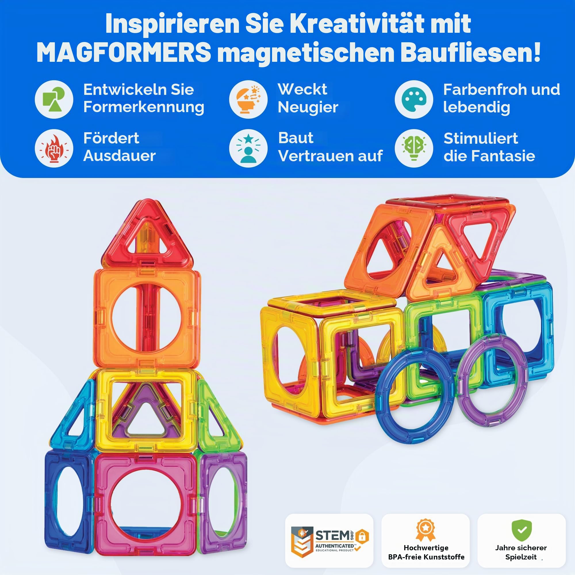 MAGFORMERS Basic Plus 30-teiliges Spielzeug-Set, Regenbogenfarben, pädagogische magnetische geometrische Formen, Fliesen, Bausteine, STEM-Spielzeug-Set, ab 3 Jahren