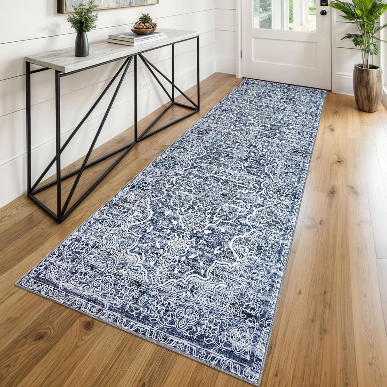 KUTA Vintage Washable Runner Rug, 2.6×8 Runners for Hallways Non-Slip Blue Kitchen Rugs Ultra Soft Printed Tribal Floor Carpet for Bedroom Living Room Nursery Playroom KUTA Vintage Washable Runner Rug, 2.6×8 Runners for Hallways Non-Slip Blue Kitchen Rugs Ultra Soft Printed Tribal Floor Carpet for Bedroom Living Room Nursery Playroom
