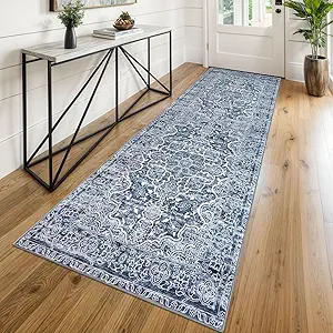KUTA Vintage Washable Runner Rug, 2.6x8 Runners for Hallways Non-Slip Blue White Kitchen Rugs Ultra Soft Printed Tribal Floor Carpet for Bedroom Living Room Nursery Playroom