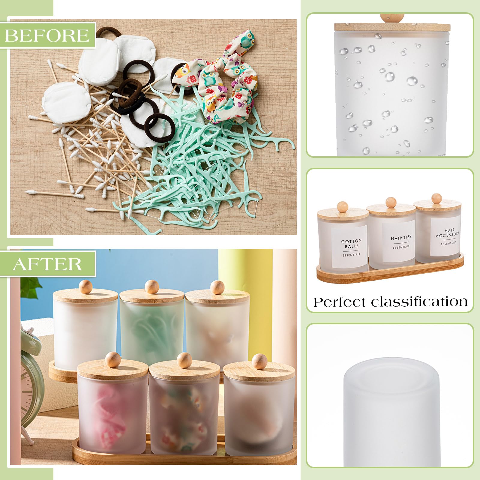 Chengu Wattestäbchenhalter mit Bambusdeckeln und Ablagen und Etiketten, Glas, rund, Wattestäbchenhalter, Glas, Apothekergläser, Zahnseide-Pick-Behälter, Badezimmer-Organizer, Weiß, 6 Stück