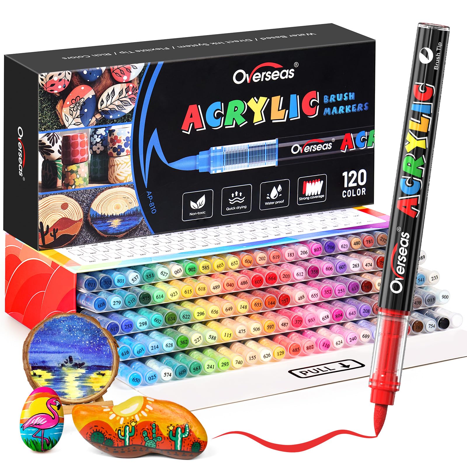Overseas Acrylic Paint Markers 120 Colors, Brush Tip Paint Pens with Automatic Ink Control System, Quick Drying Liquid Ink Acrylic Marker for Rock,