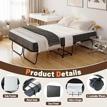 Full Size Folding Bed 75'' x 54'' with Memory Foam Mattress, Extra Wide Portable Rollaway Guest Beds for Adults, Foldable Bed with 360 Wheels, Space-Saving Design for Home, Office