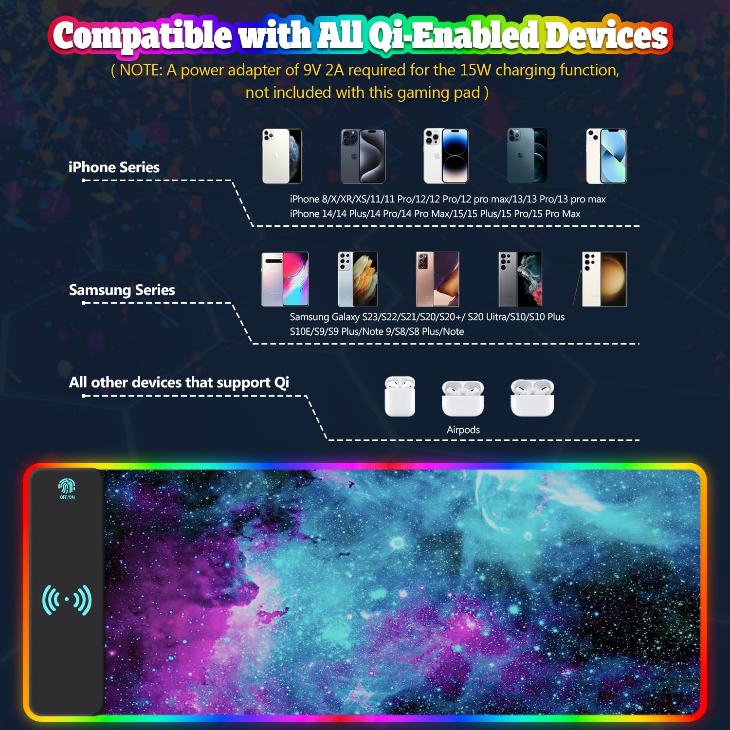 YQE Tappetino per mouse da gioco con ricarica wireless: tappetino da gioco RGB da 15 W per tastiera e mouse, grande tappetino LED con luce a 10 colori, base in gomma antiscivolo per giochi, PC, laptop