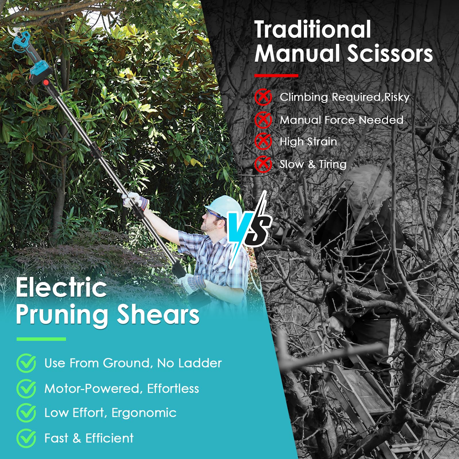 Tijeras de Podar Eléctricas con Pértiga Telescópica 2,6 m Cabezal 180° | Corte de 35 mm, 2 baterías 2.0Ah, ideal para jardín, árboles altos y ramas gruesas