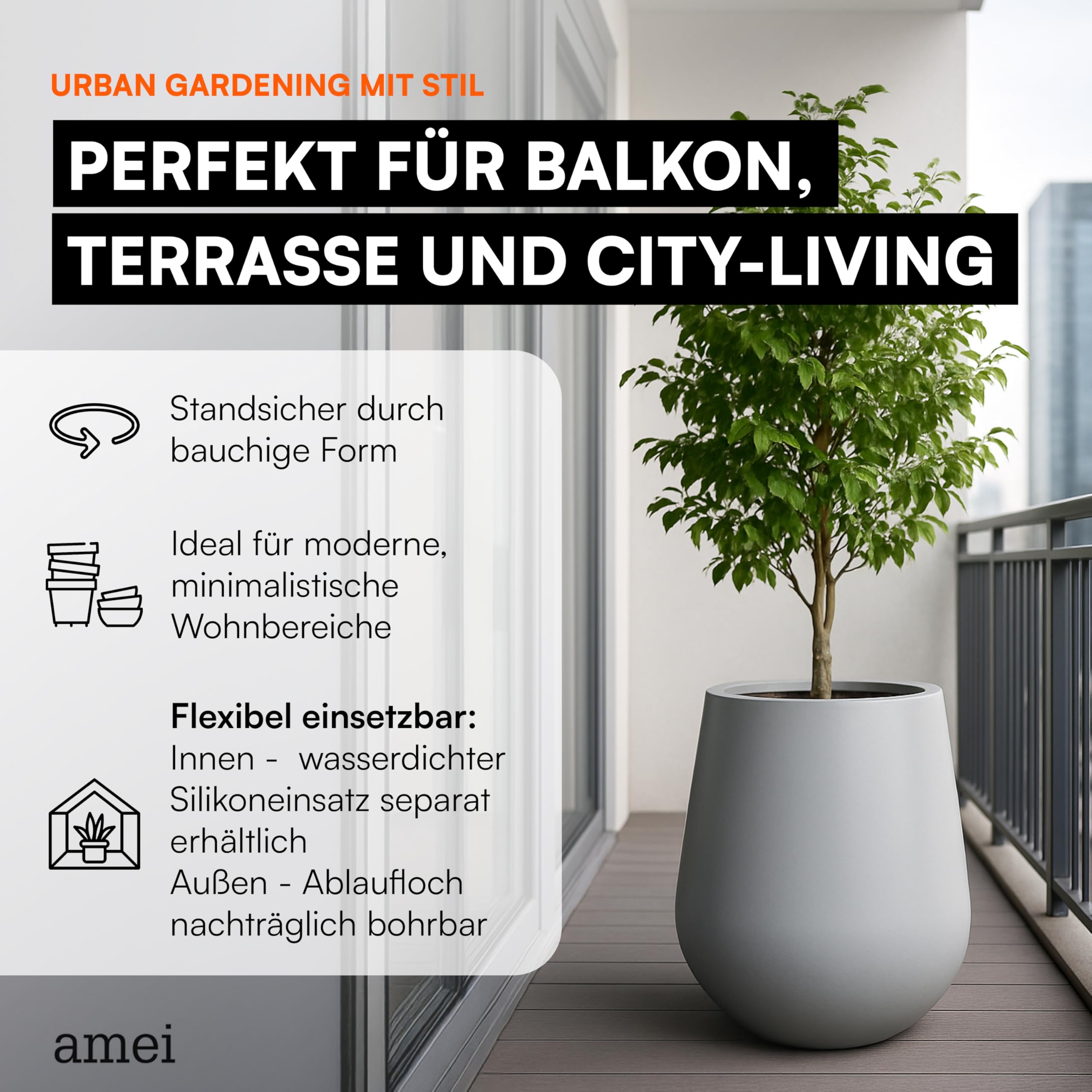 amei Der Bauchige Pflanzentopf Gross ⌀ 51 cm (Grau) – Blumen Kübel in edler Optik – Handgefertigter Pflanzen Kübel aus robustem Stonefiber – Witterungsbeständig und langlebig