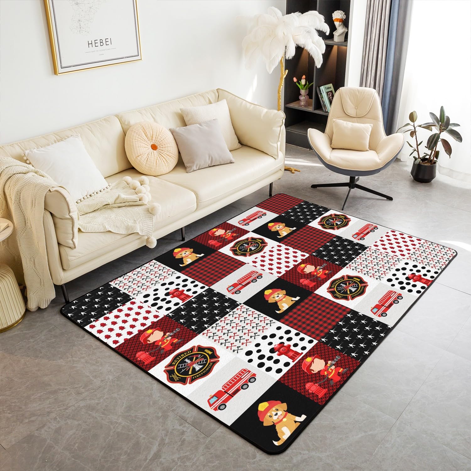 Fire Truck Decorative Carpet Red Cartoon Car Living Room Rugs for Kids Boys Girls Firefighter Indoor Floor Mat Firemen Car Vehicle Accent Rug Geometric Plaid Area Rug 5x7