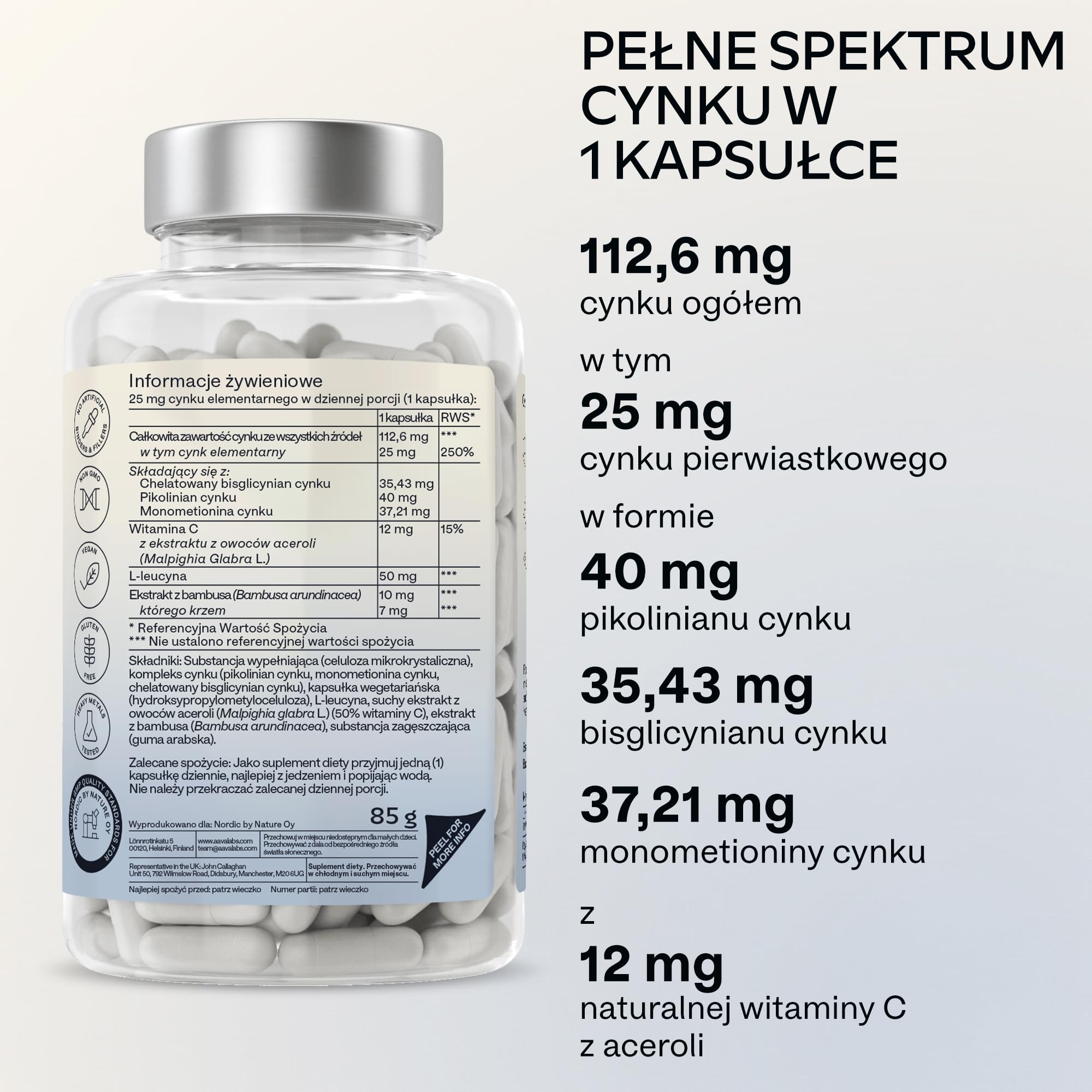 AAVALABS® Potrójny Cynk - Maksymalna Moc - 25 mg na Porcję - Kompleks Cynku - 180 Kapsułek - 3 Formy Minerału - Pikolinian Cynku, Bisglicynian Cynku + Monometionina Cynku