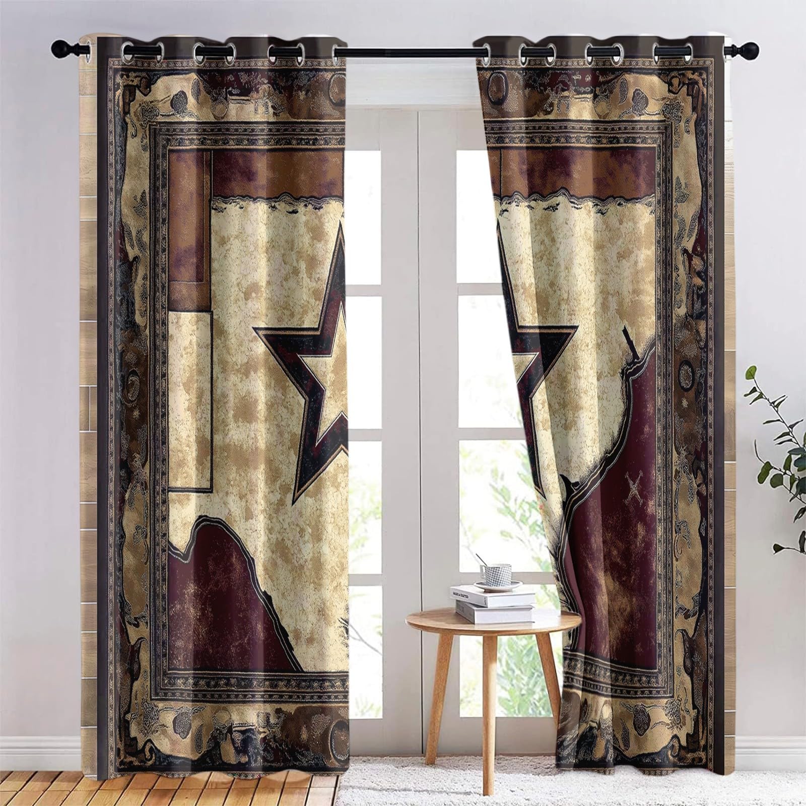 Cortinas Marrón Oscuro con Ollaos Ventana Aislantes 3D Estampado Estrellas Retro de Vaqueros del Oeste Motivos - Salón Opacas Aislantes Térmicas Cortinas Ventanas 140An x 260Al cm (2 Paneles)