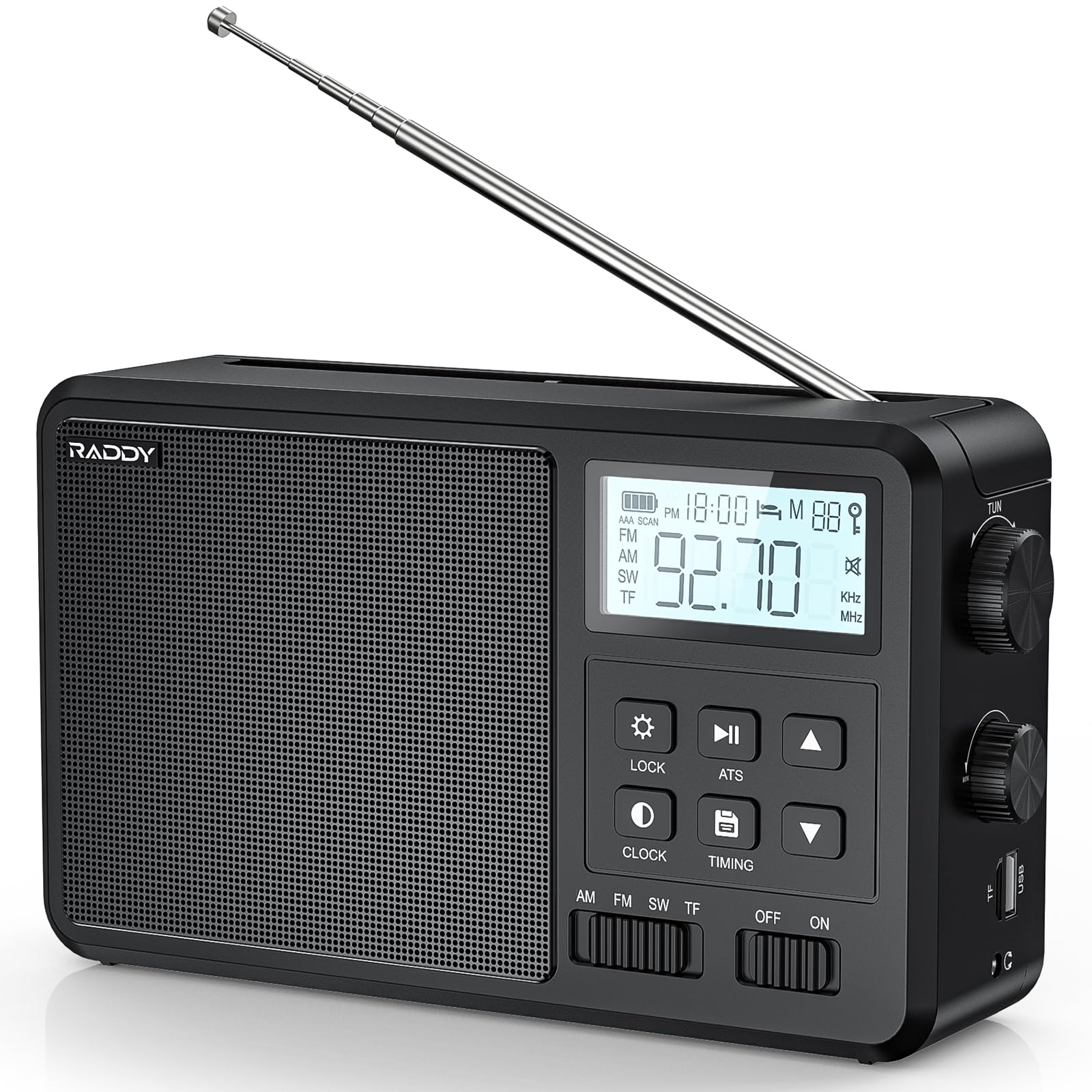 Raddy RF206 Tragbares Kurzwellenradio, Digitalradio, AM/FM-Empfänger, 8W-Lautsprecher, LCD-Display, Unterstützung für BT/TF-Karte/USB-Wiedergabe, AC/AA-Batteriebetriebenes Radio für Zuhause