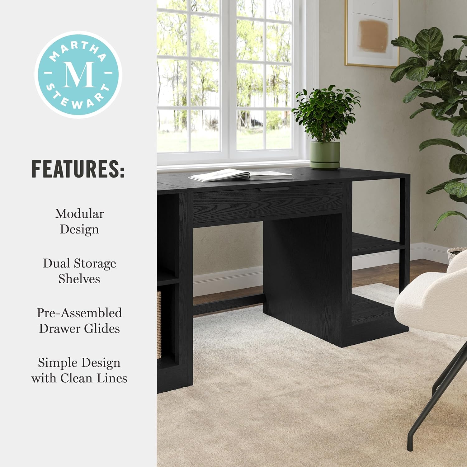 Martha Stewart Kayden Home Office Modular Desk with Drawer and Dual 2 Tier Shelves in Black with Oil Rubbed Bronze Hardware