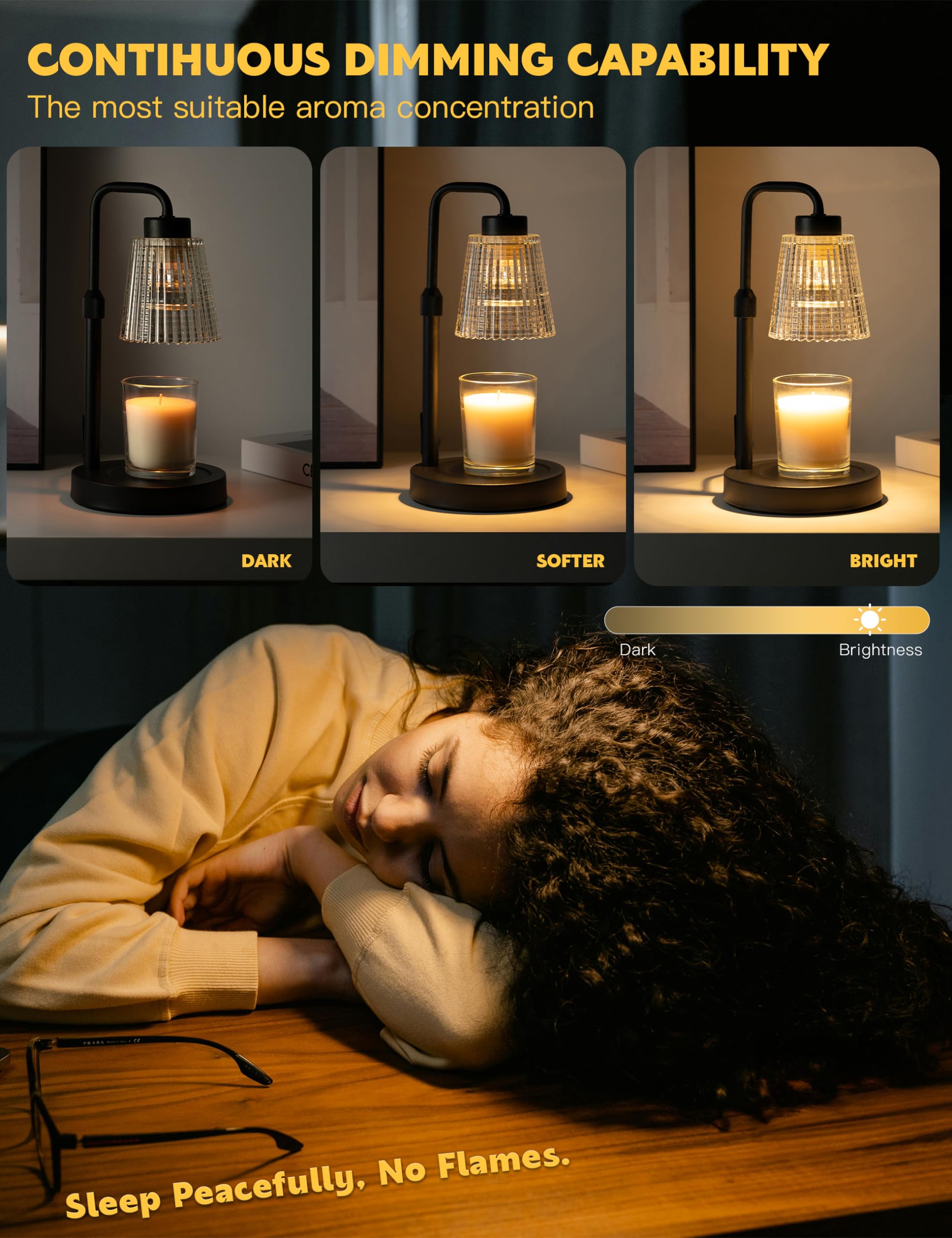 lámpara calefactora de velas Tulipa de cristal transparente, regalo para mamá, calentador de velas con ajuste de brillo y funciones de temporización.