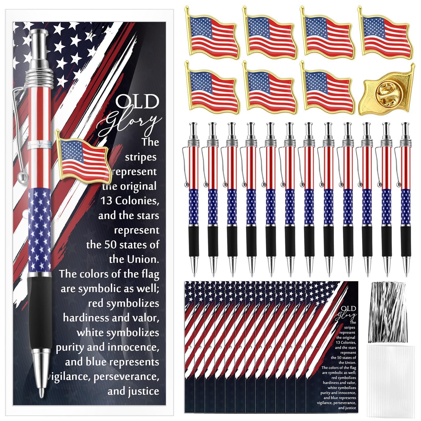 Sayglossy 24 Set Patriotic Gift Bulk American Flag Ballpoint Pens USA Flag Lapel Pins Patriotic Bookmarks Souvenirs for 4th of July Remembrance Day