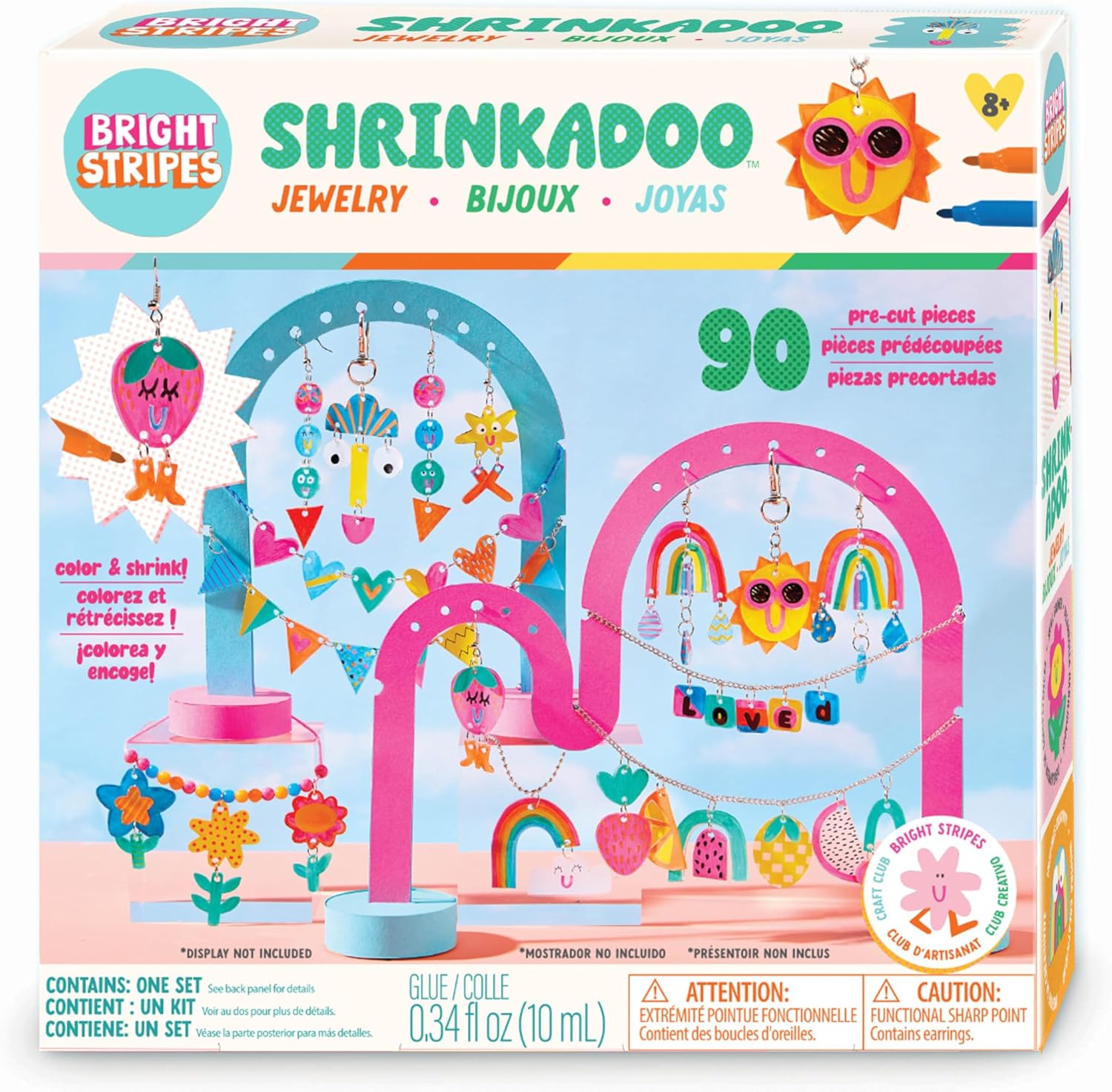 Bright Stripes Shrinkadoo Jewelry Making Kit for Kids Ages 8+ | DIY Shrink Plastic Jewelry Set with 90 Precut Pieces, Markers, Chains & Findings | Fun DIY Creative Craft Gift for Girls & Teens