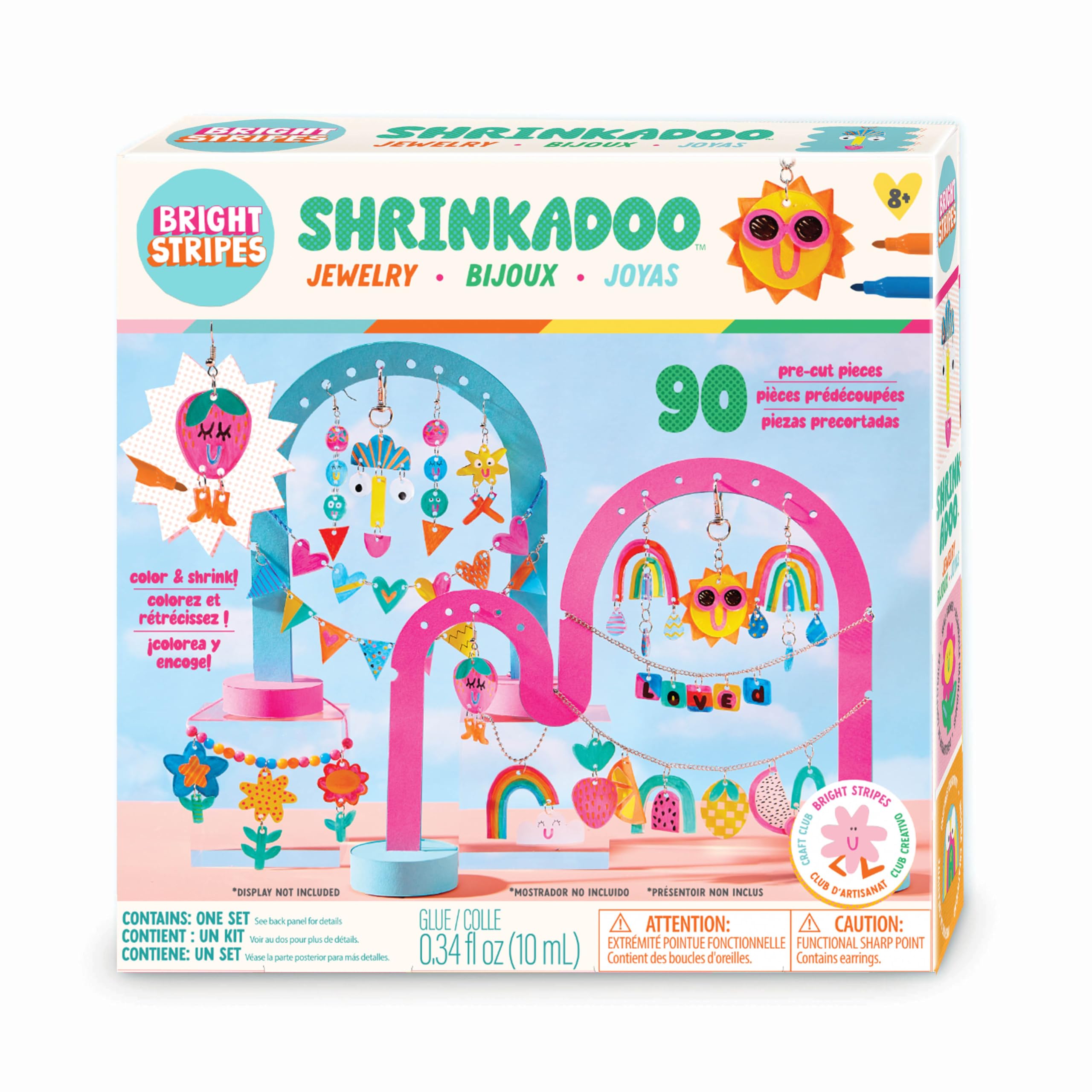 Bright Stripes Shrinkadoo Schmuckherstellungs-Set für Kinder ab 8 Jahren, schrumpfendes Kunststoff-Schmuck-Set mit 90 vorgeschnittenen Teilen, Markern, Ketten und Fundstücken, lustiges kreatives