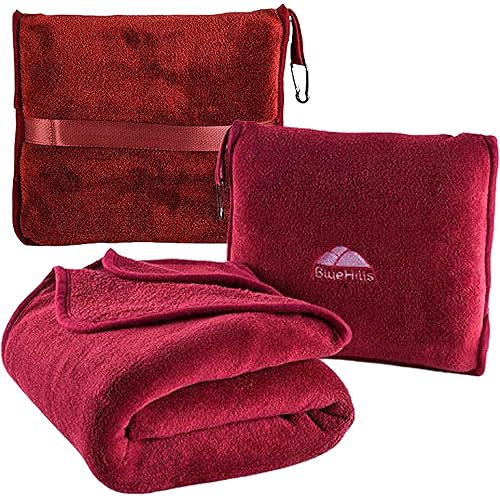 BlueHills Premium Soft Travel Blanket Pillow Airplane Blanket Packed in Soft Bag Pillowcase with Hand Luggage Belt and Backpack Clip, Compact Pack Large Plane for Any Travel (Red T001)
