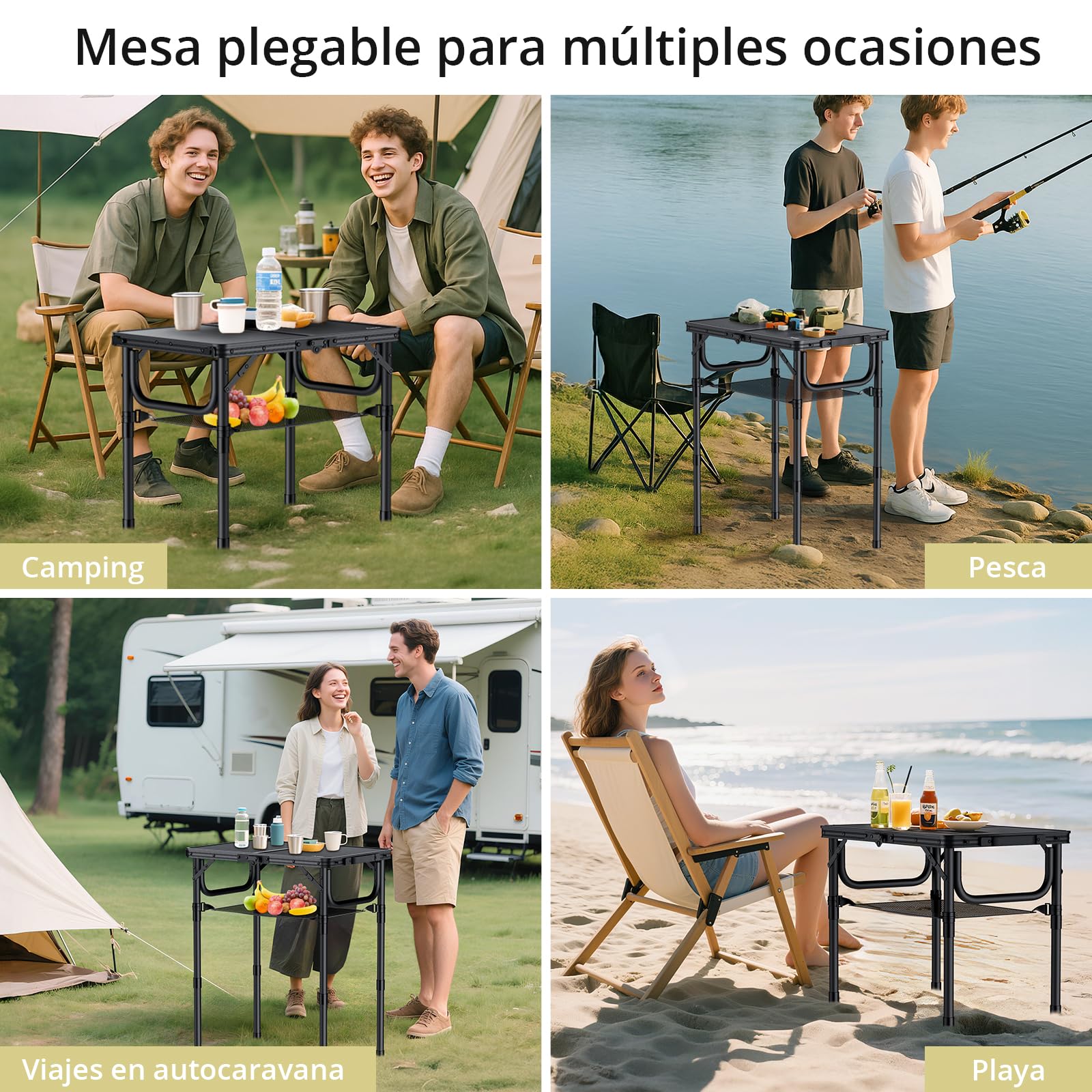 Anbte Mesa Plegable Camping 59x40x26/48/70cm Ajustable Altura Mesas de Acampada Portátil Mesa Playa Aluminio Impermeable Negro para Terraza Playa Exterior BBQ