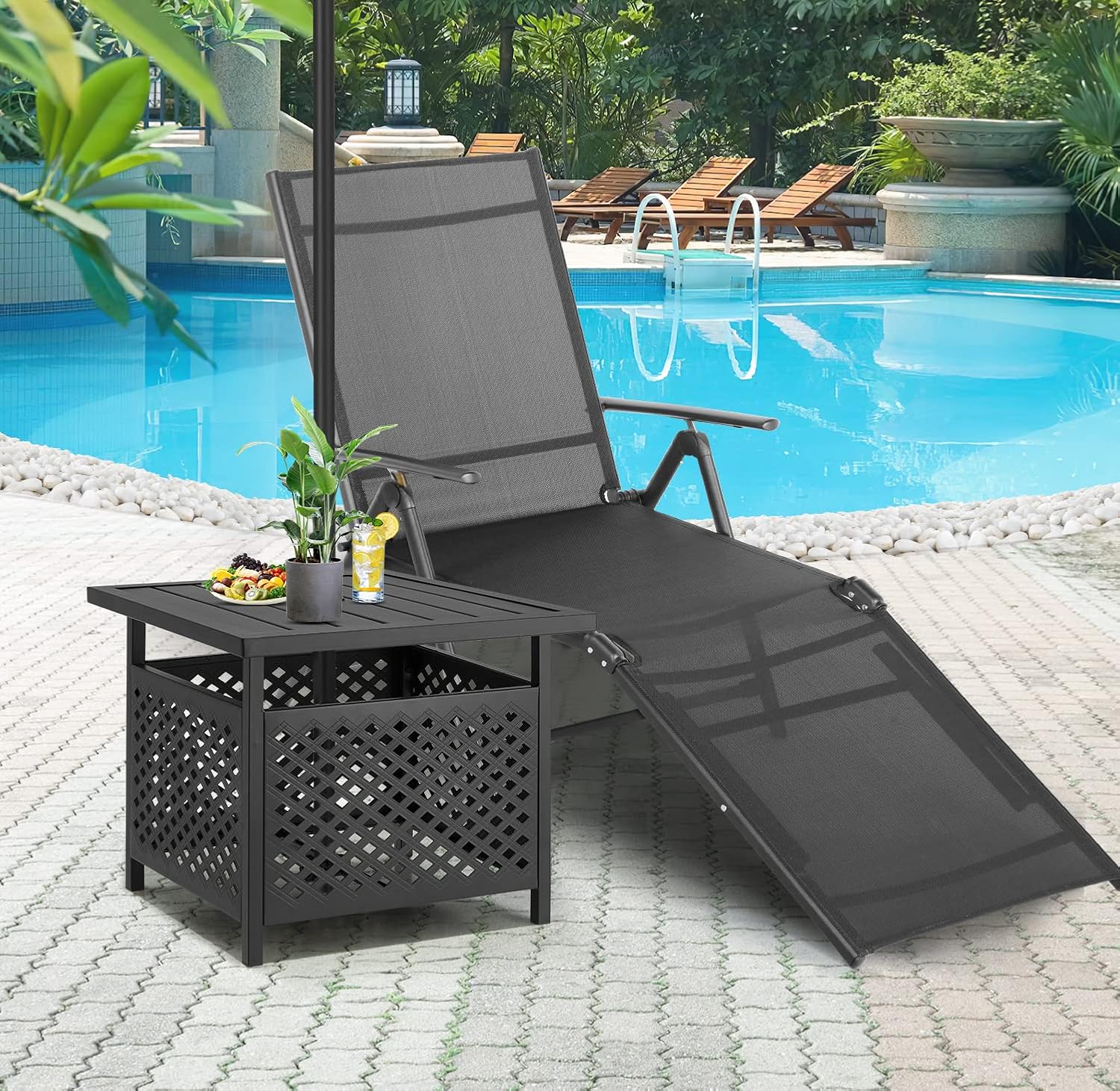 AECOJOY Black Metal Patio Table with Umbrella Hole, Outdoor Side End Table with Umbrella Hole, Small Outdoor Side End Coffe Table for Patio Deals, Pool Deck Umbrella Base Stand