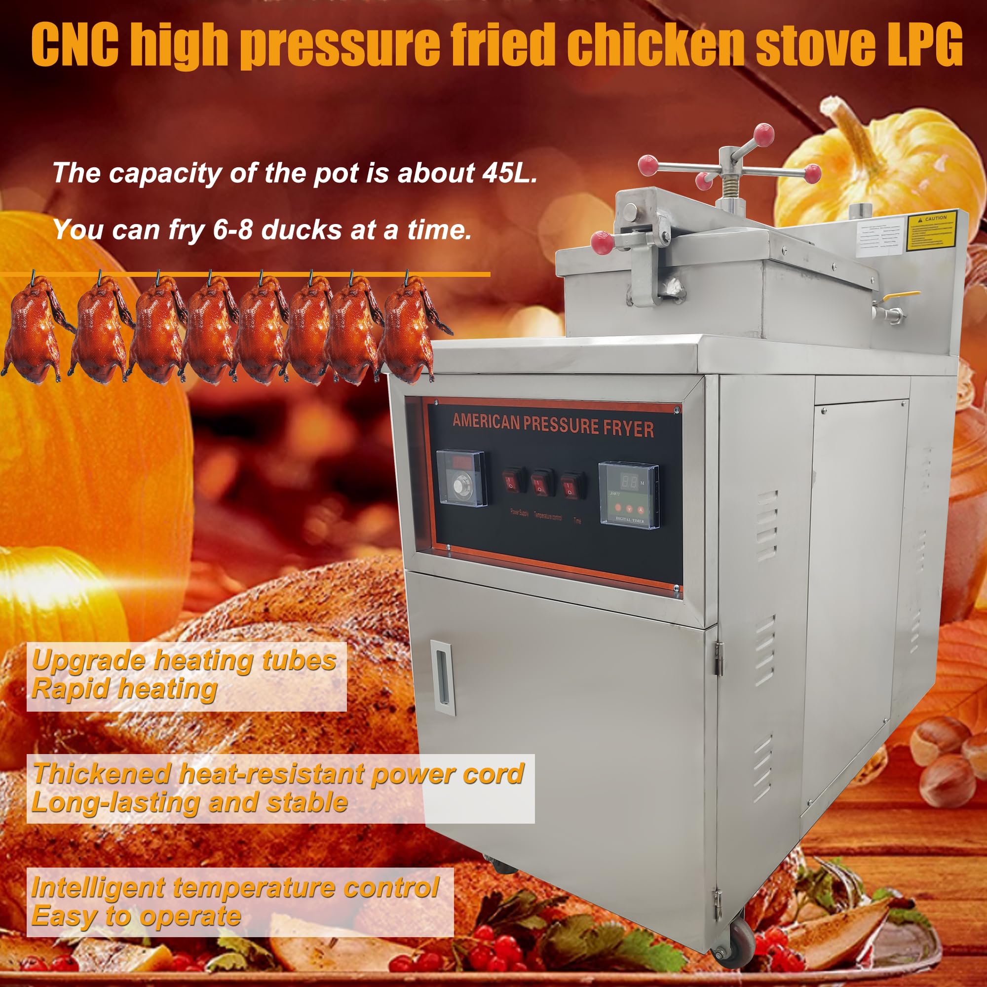 HQHAOTWU CNC High Pressure Fried Chicken Machine 45L LPG Fried Chicken Stove Commercial Deep Fryer with Triple Safety Valve Protection Restaurant Frying Machine Fry 6-8 Ducks at A Time 110V