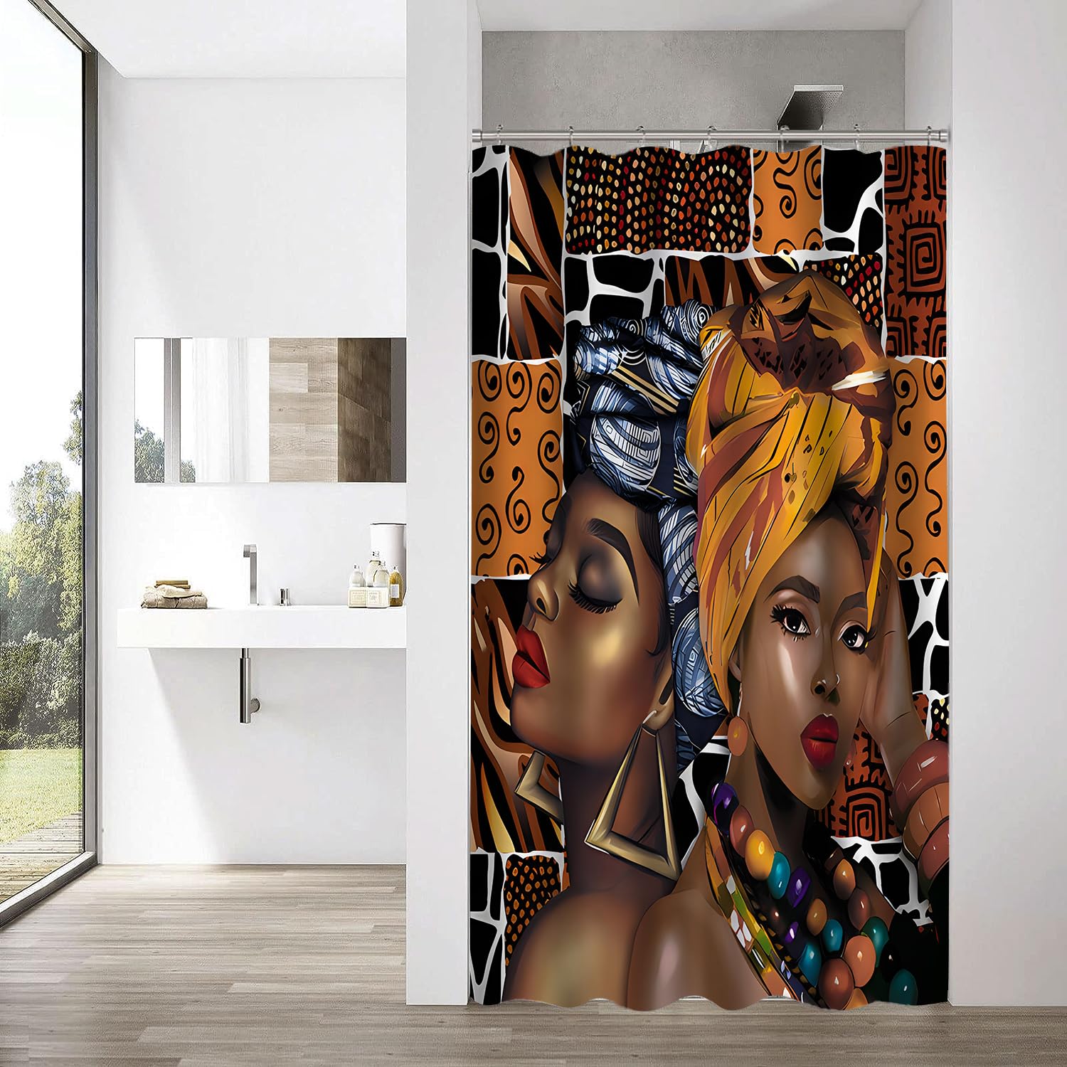 hipaopao African Woman Boho Theme Stall Fabric Shower Curtain Sets Bathroom Decor with Hooks Waterproof Washable 36 x 72 inches Brown Black