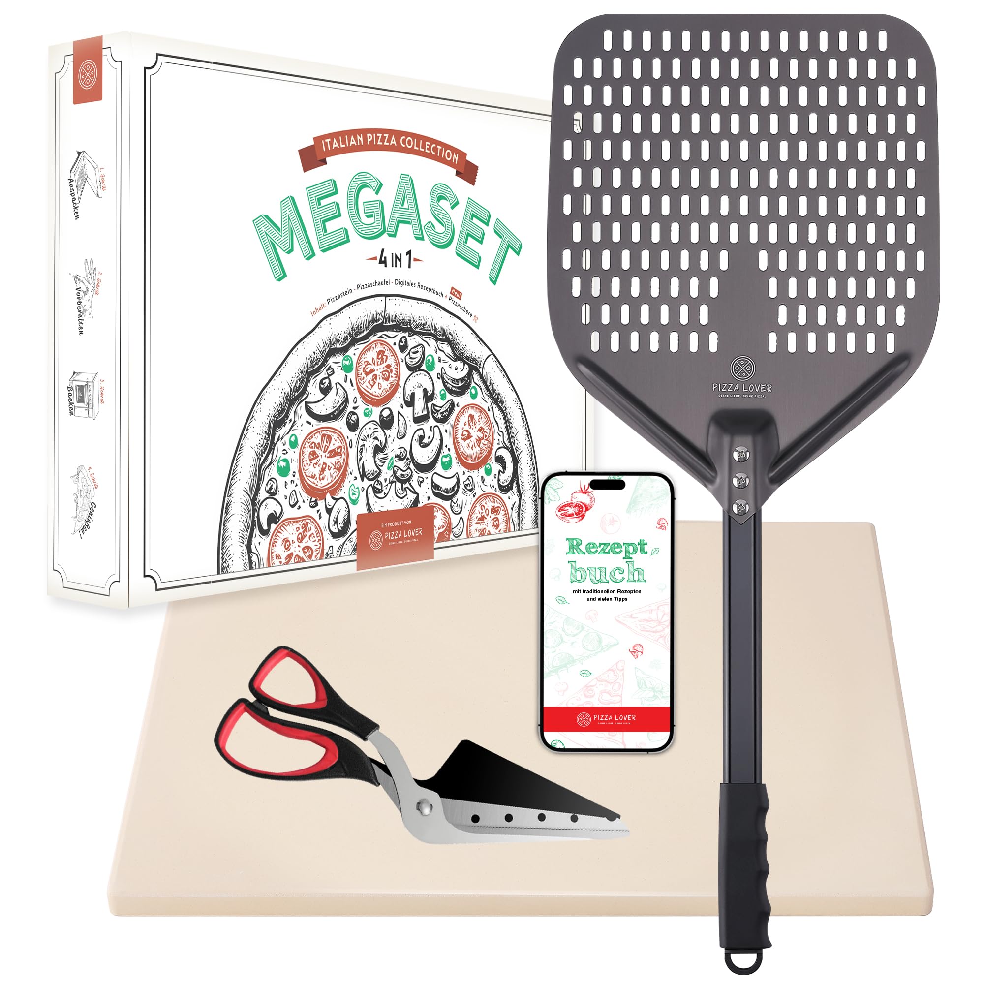 Set Pizza Lover con pietre per pizza premium per forno e grill – 4 in 1 – con forbici per pizza + pala forata + pietra per pizza fino a 800 °C in cordierite e ricettario