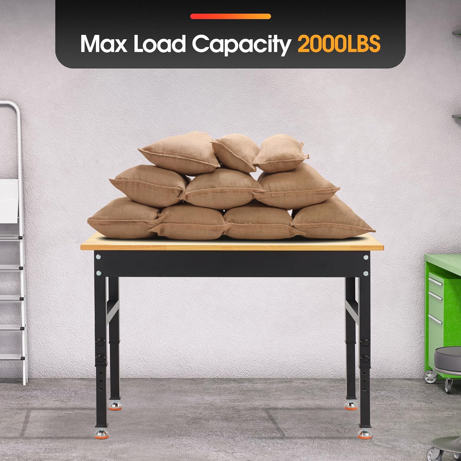 48 * 20" Adjustable Workbench, 2000 LBS Load Capacity Heavy Duty Workstation Without Power Outlets, Rubber Wood Top Worktable for Garage, Office,Workshop, Commercial