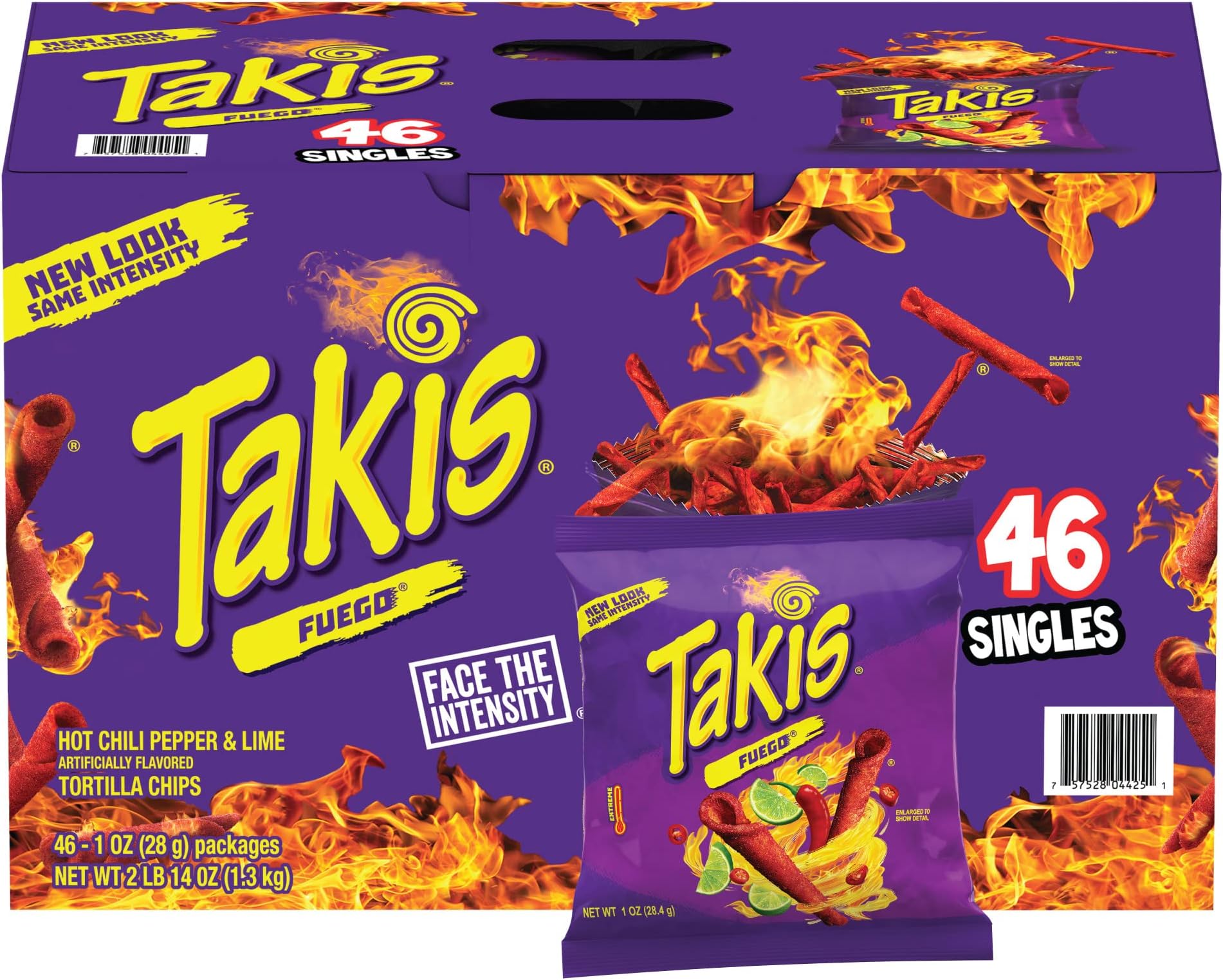 Takis Fuego Rolled Tortilla Chips, Hot Chili Pepper and Lime Artificially Flavored, 46 Individual Bags, 1 Ounce Each, Net Weight of 2 Pounds 14 Ounces