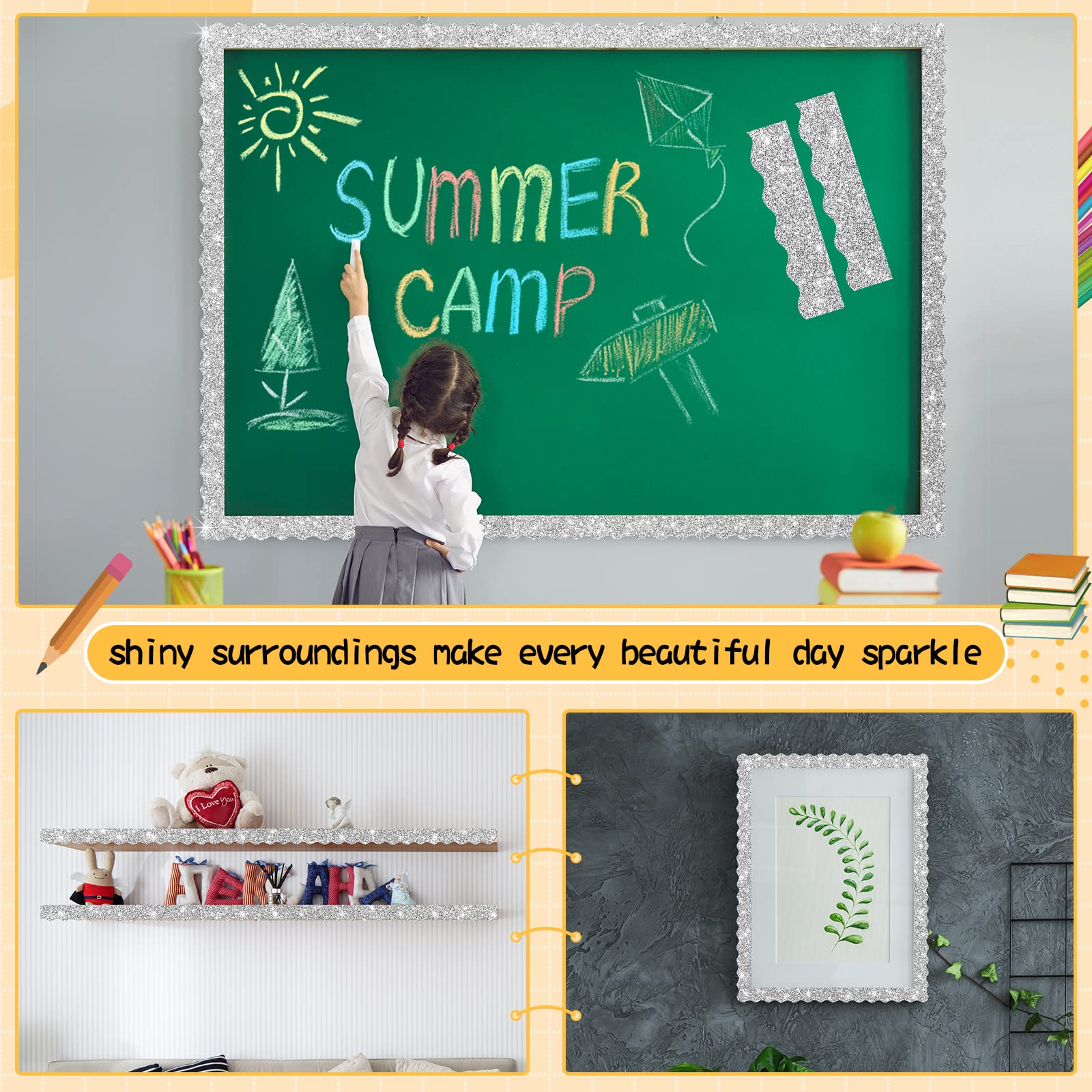 Containlol Pinnwand-Bordüren – 120 Stück, Silber Glitzernd, 30x7 Cm | Dekorative Wellenkanten Für Klassenzimmer, Büro & Party