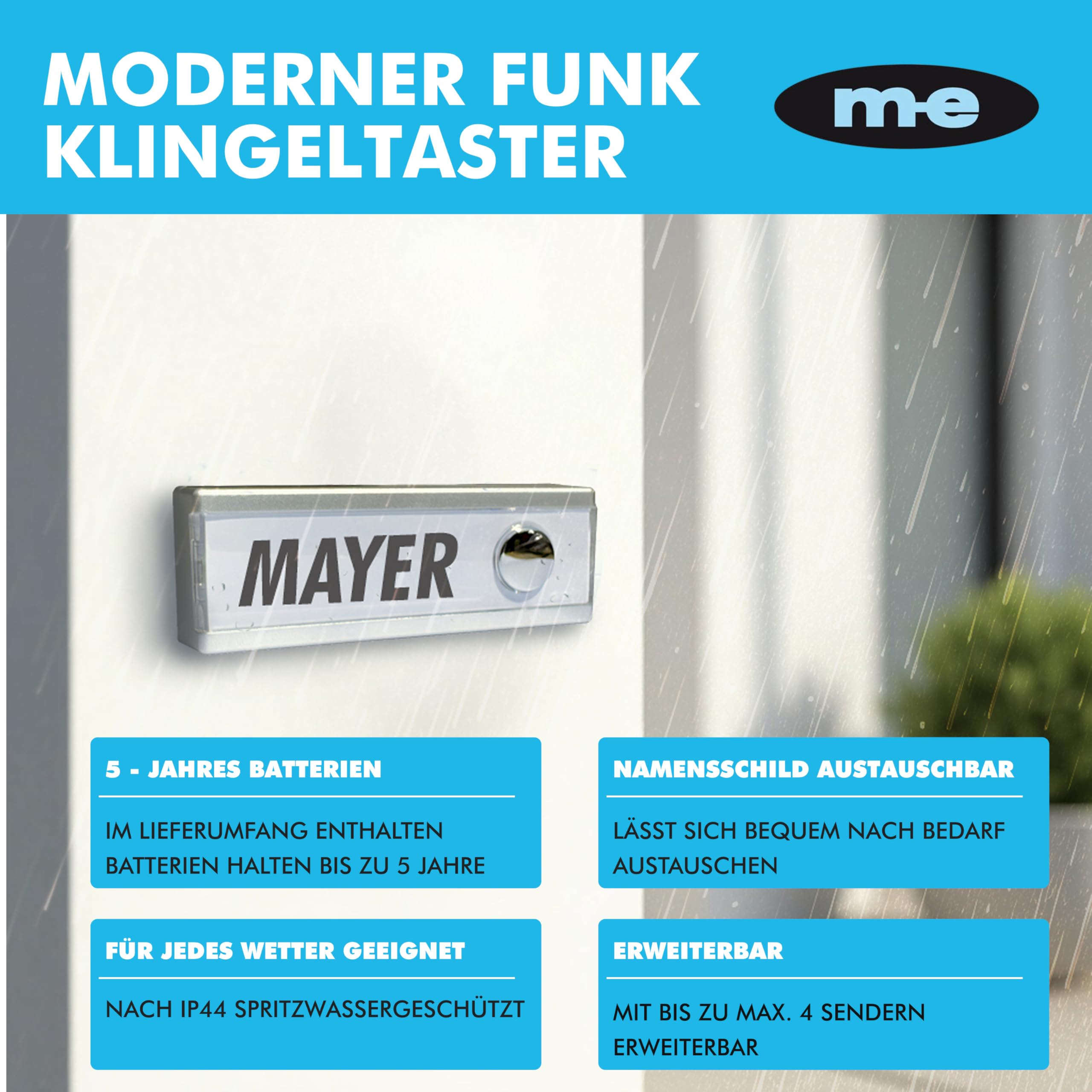 m-e Funkklingel FG-2.2, Türklingel Funk mit Steckdose, Funkgong mit 8 Melodien, Funkklingel mit Namensschild, Bis 200 m Reichweite, Erweiterbar, Klingel Haustür Funk