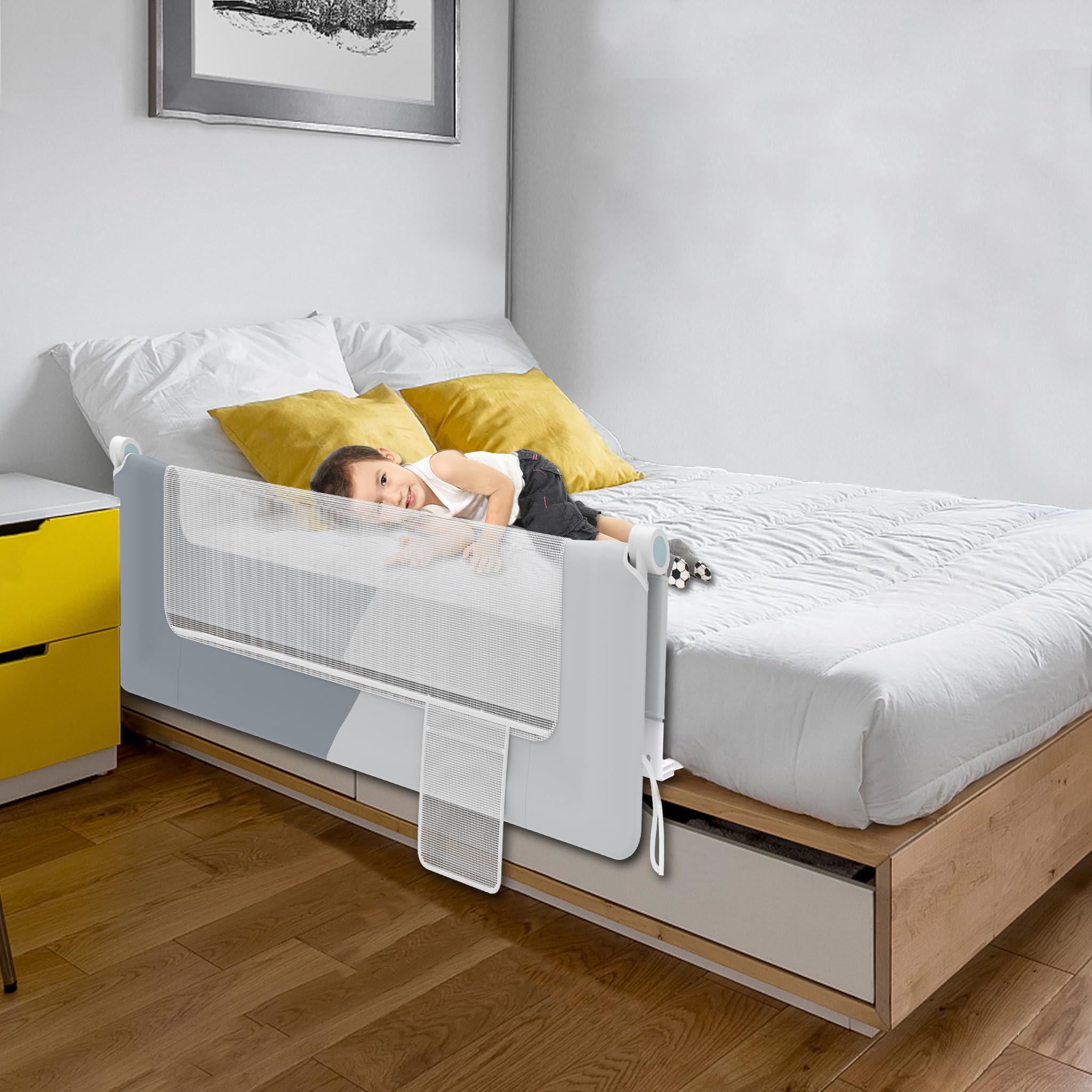 HENGMEI Zanzariera per letto da 150 cm, pieghevole a 180 gradi, rete traspirante regolabile in altezza (grigio + grigio chiaro)