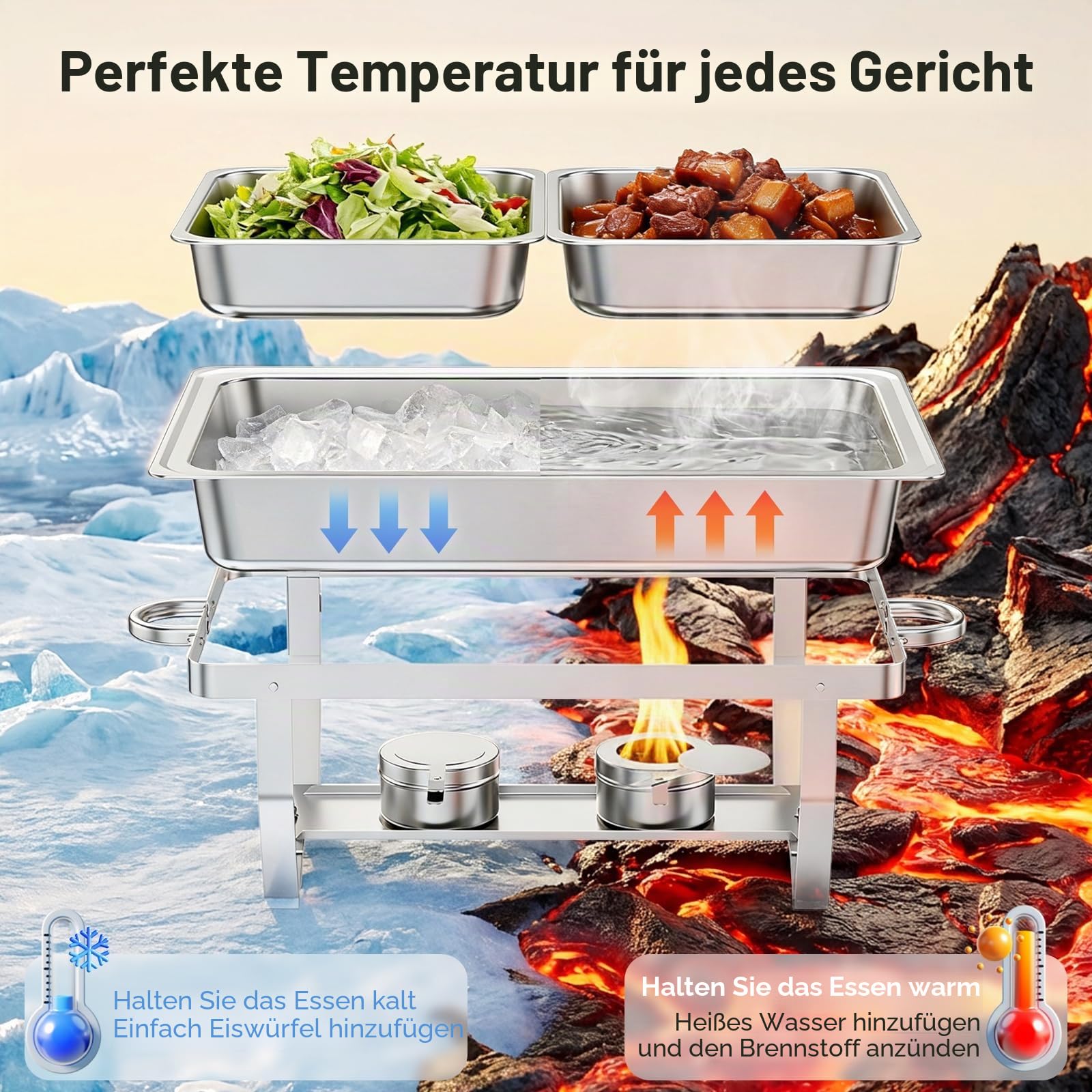 Chafing Dish 2er Set – Warmhaltebehälter Essen aus Edelstahl, Speisenwärmer mit 4X 1/2 GN + 2X 1/1 GN Behältern, Buffetwärmer für Party, Catering & Buffet – inkl. Brenner & Gestell